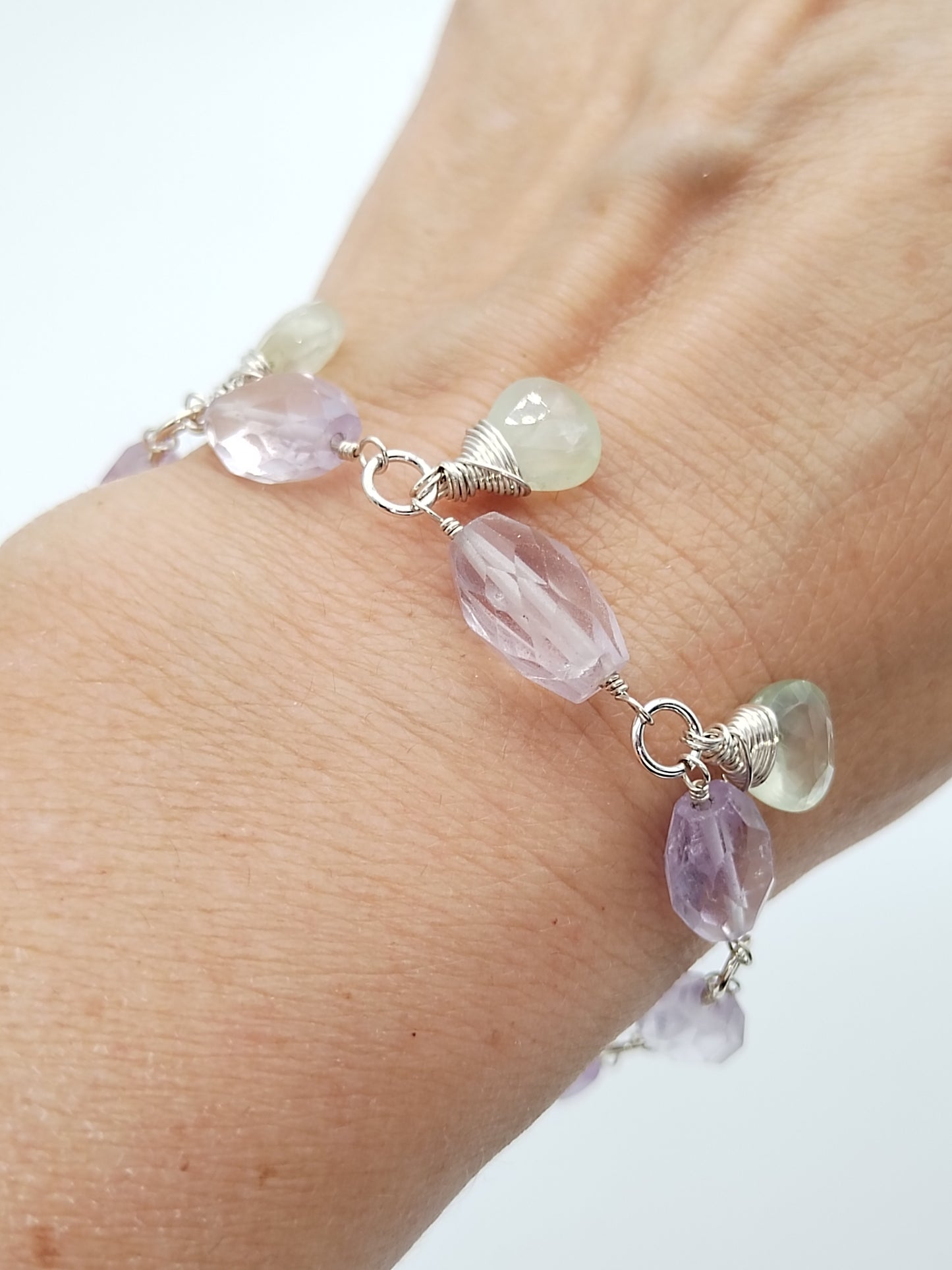 Amethyst and Prehnite Dangle Bracelet, Sterling Silver Bracelet