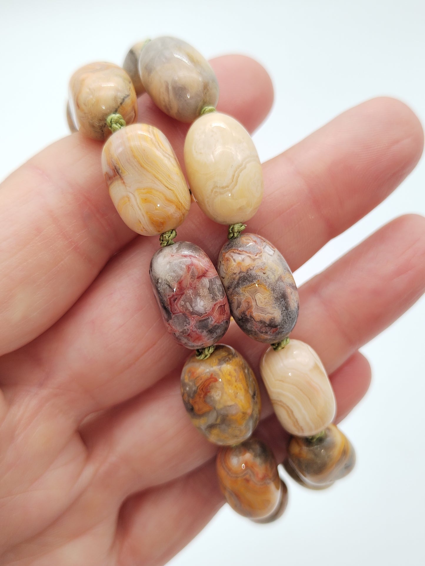 Crazy Lace Agate Barrel Bracelet, 14k Gold Filled, Hand knotted on Silk