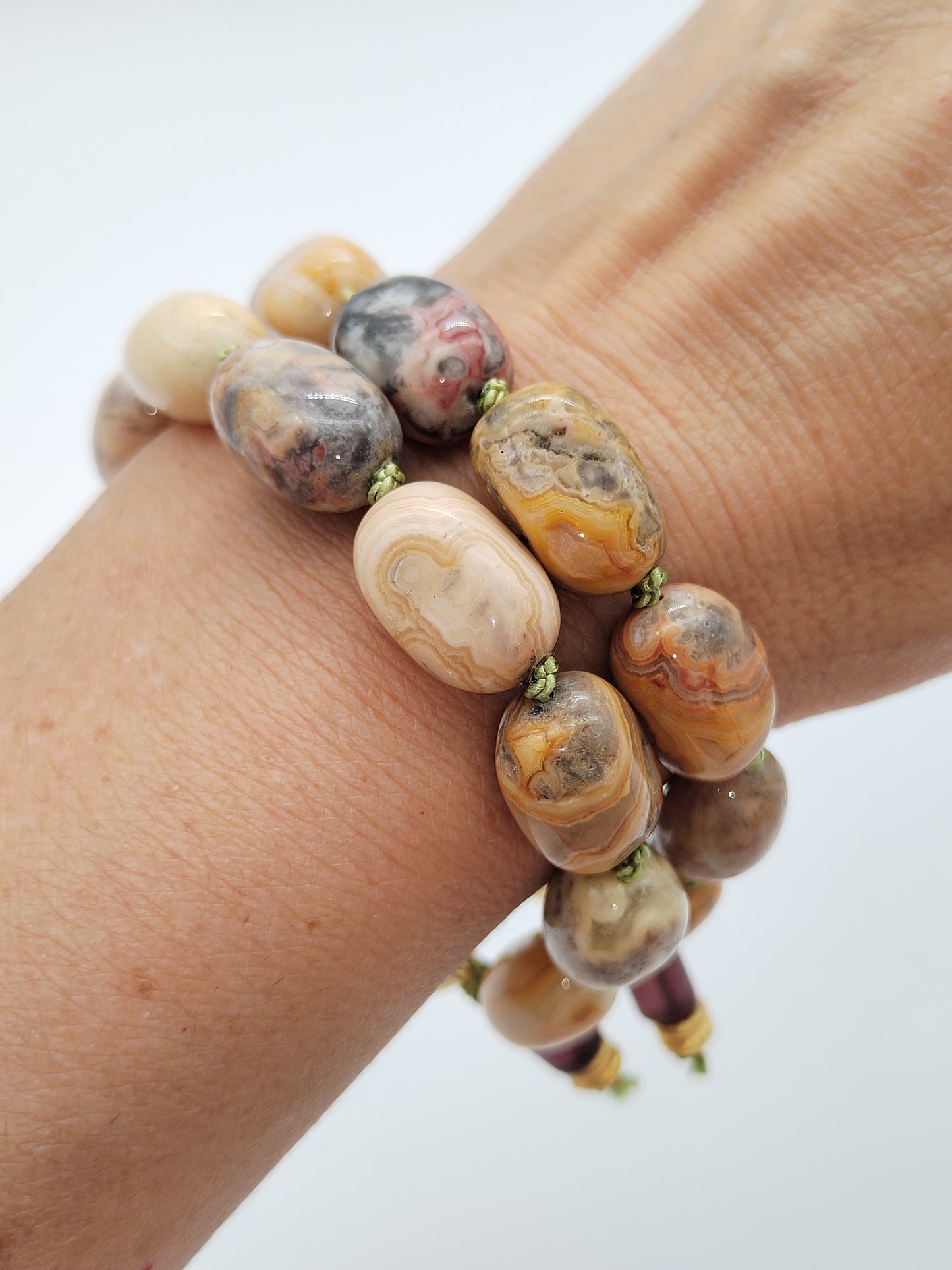 Crazy Lace Agate Barrel Bracelet, 14k Gold Filled, Hand knotted on Silk