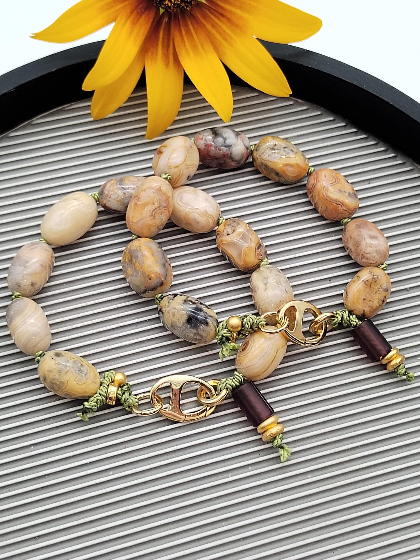 Crazy Lace Agate Barrel Bracelet, 14k Gold Filled, Hand knotted on Silk