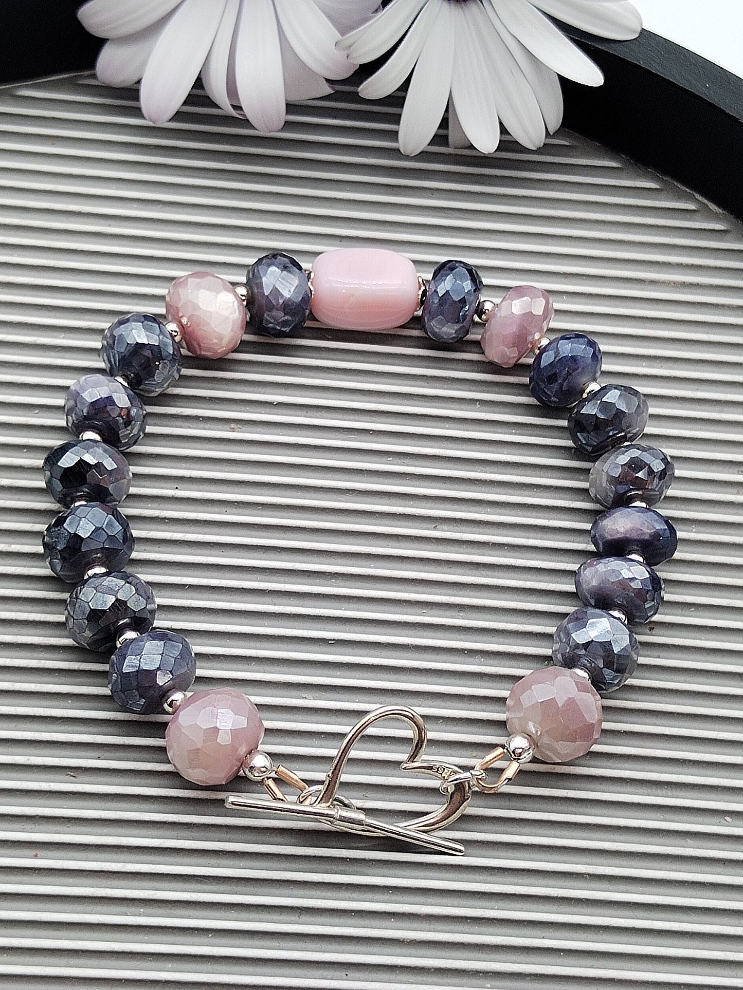 Pink Opal & Moonstone Rondelle Bracelet, Sterling Silver 925