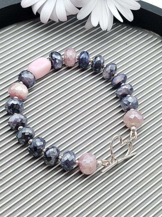 Pulsera de ópalo rosa y piedra lunar en forma de rondelle, plata de ley 925