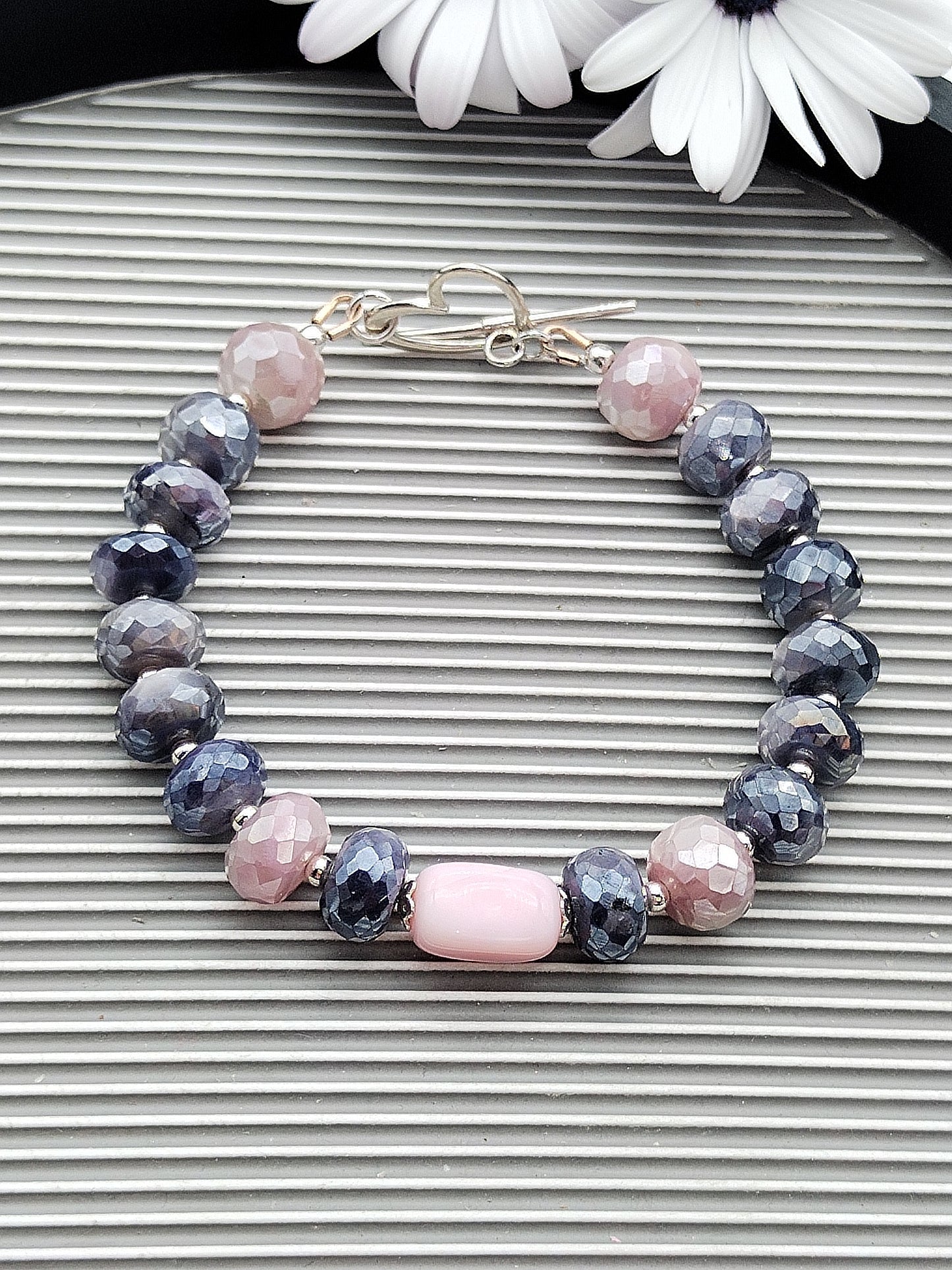 Pink Opal & Moonstone Rondelle Bracelet, Sterling Silver 925