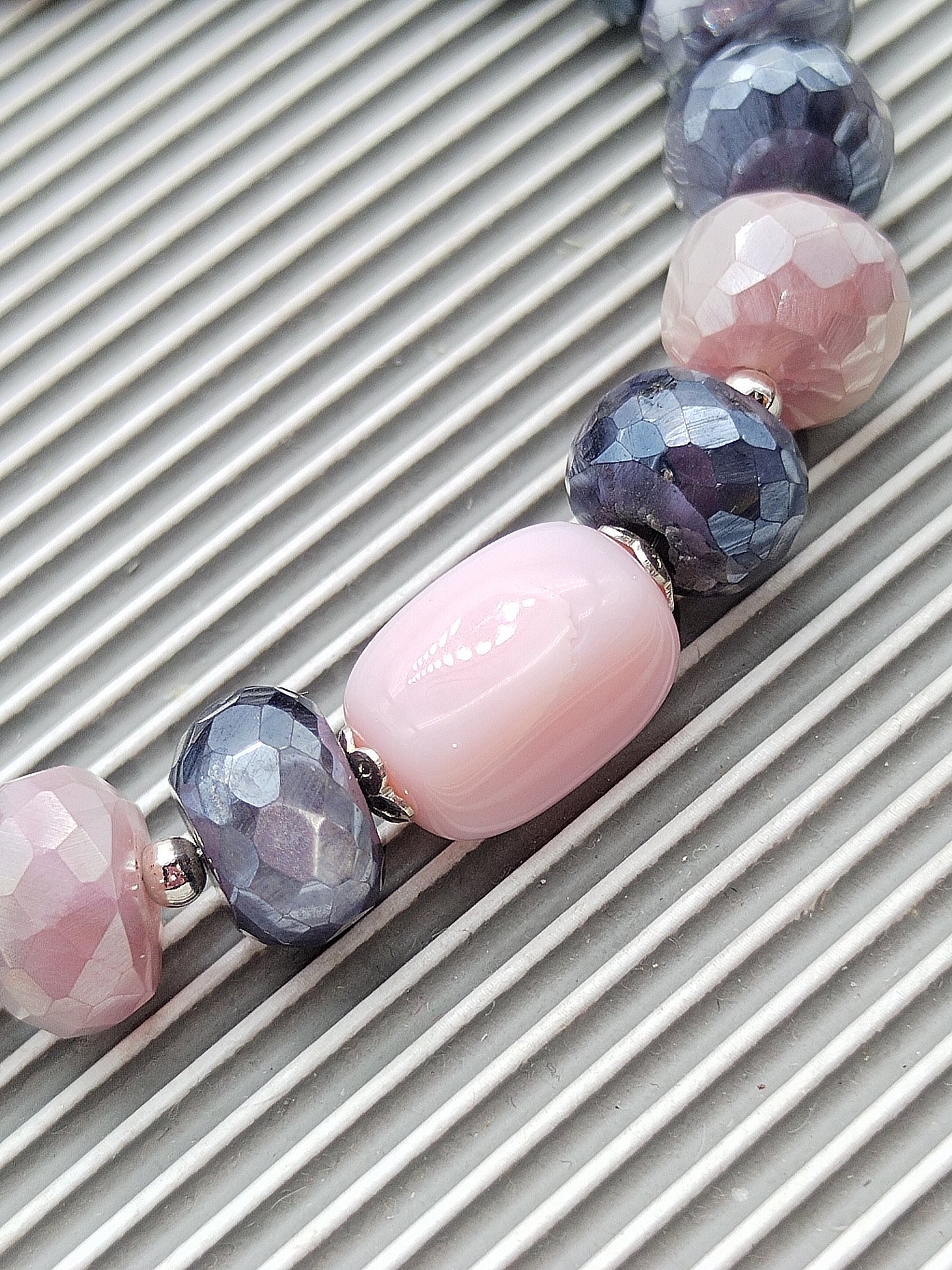 Pink Opal & Moonstone Rondelle Bracelet, Sterling Silver 925