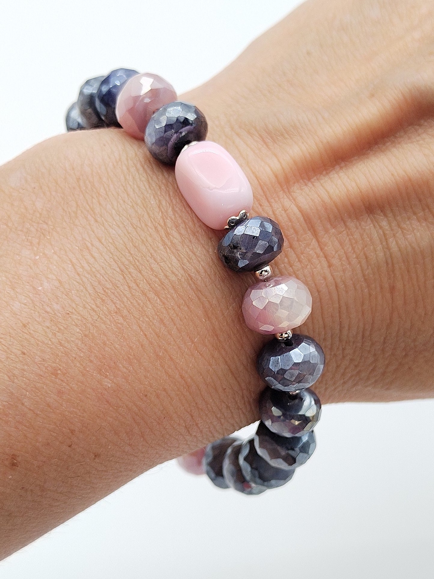 Pulsera de ópalo rosa y piedra lunar en forma de rondelle, plata de ley 925