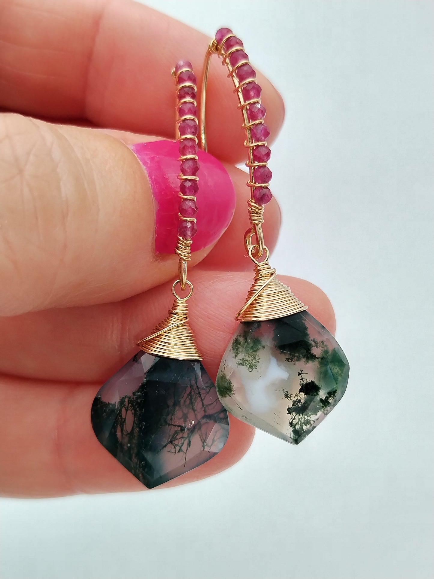 Ruby & Moss Agate Dangle Drop Earrings, 14k Gold Filled Gemstone Earrings