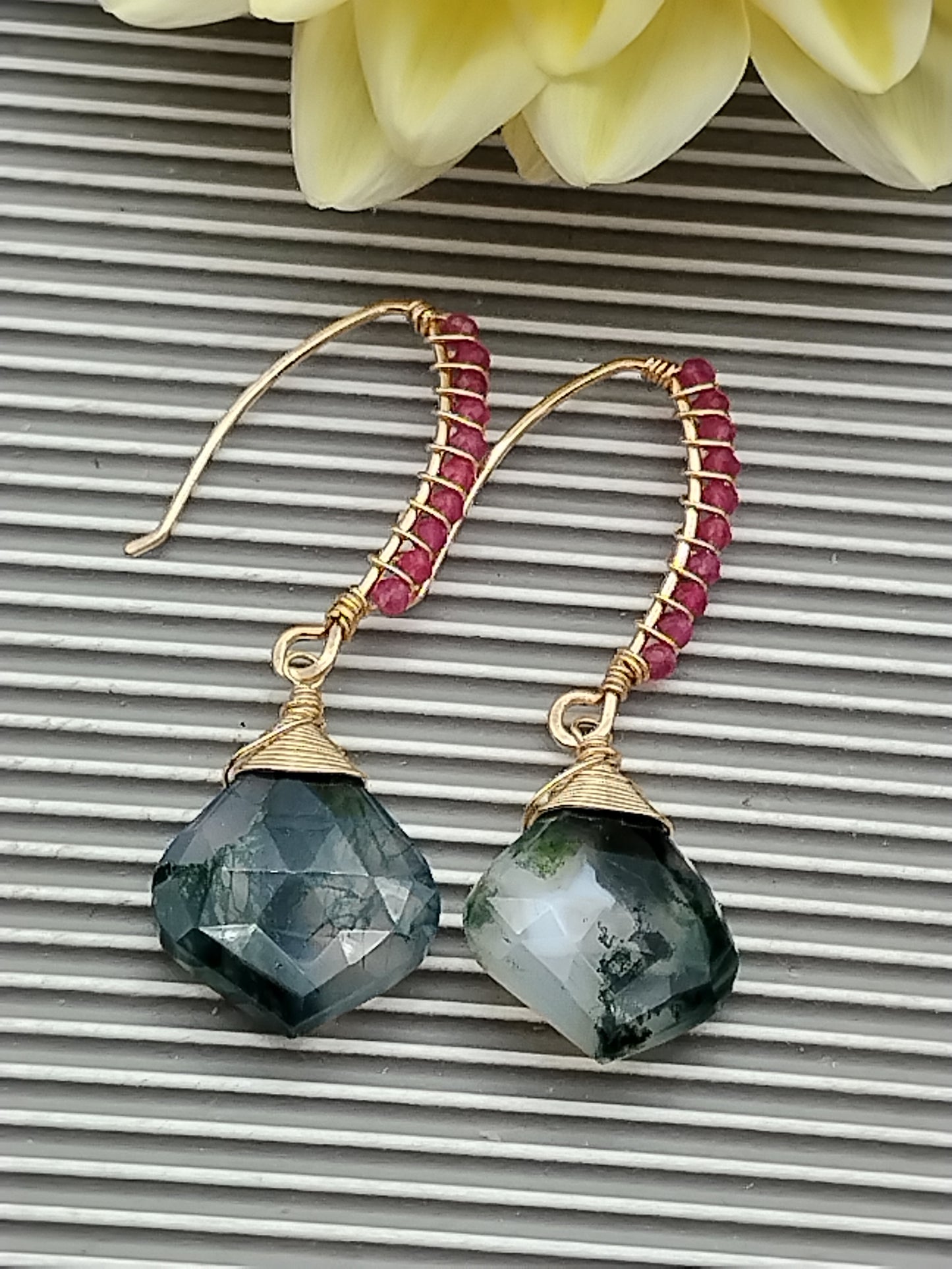 Ruby & Moss Agate Dangle Drop Earrings, 14k Gold Filled Gemstone Earrings