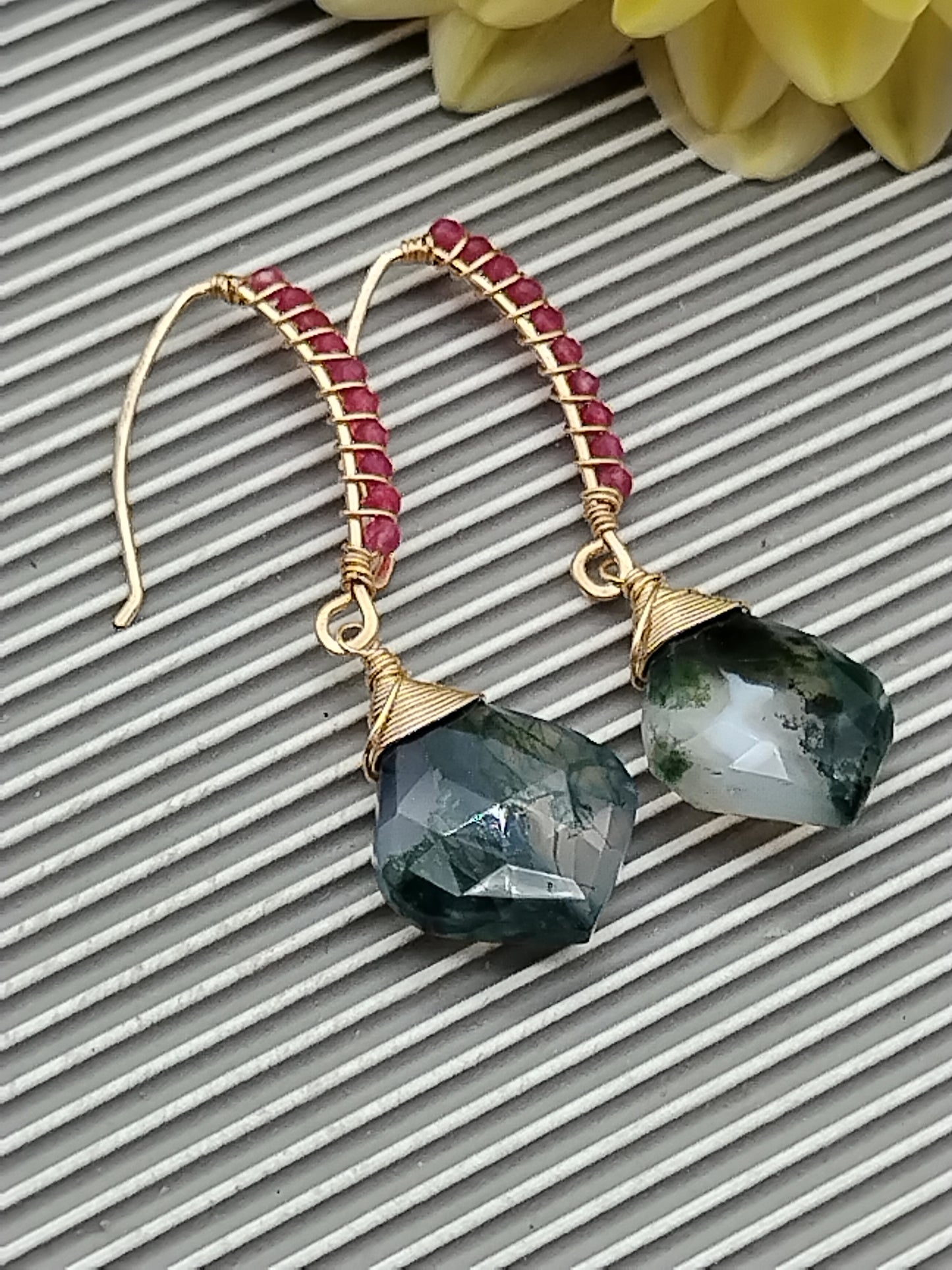 Ruby & Moss Agate Dangle Drop Earrings, 14k Gold Filled Gemstone Earrings