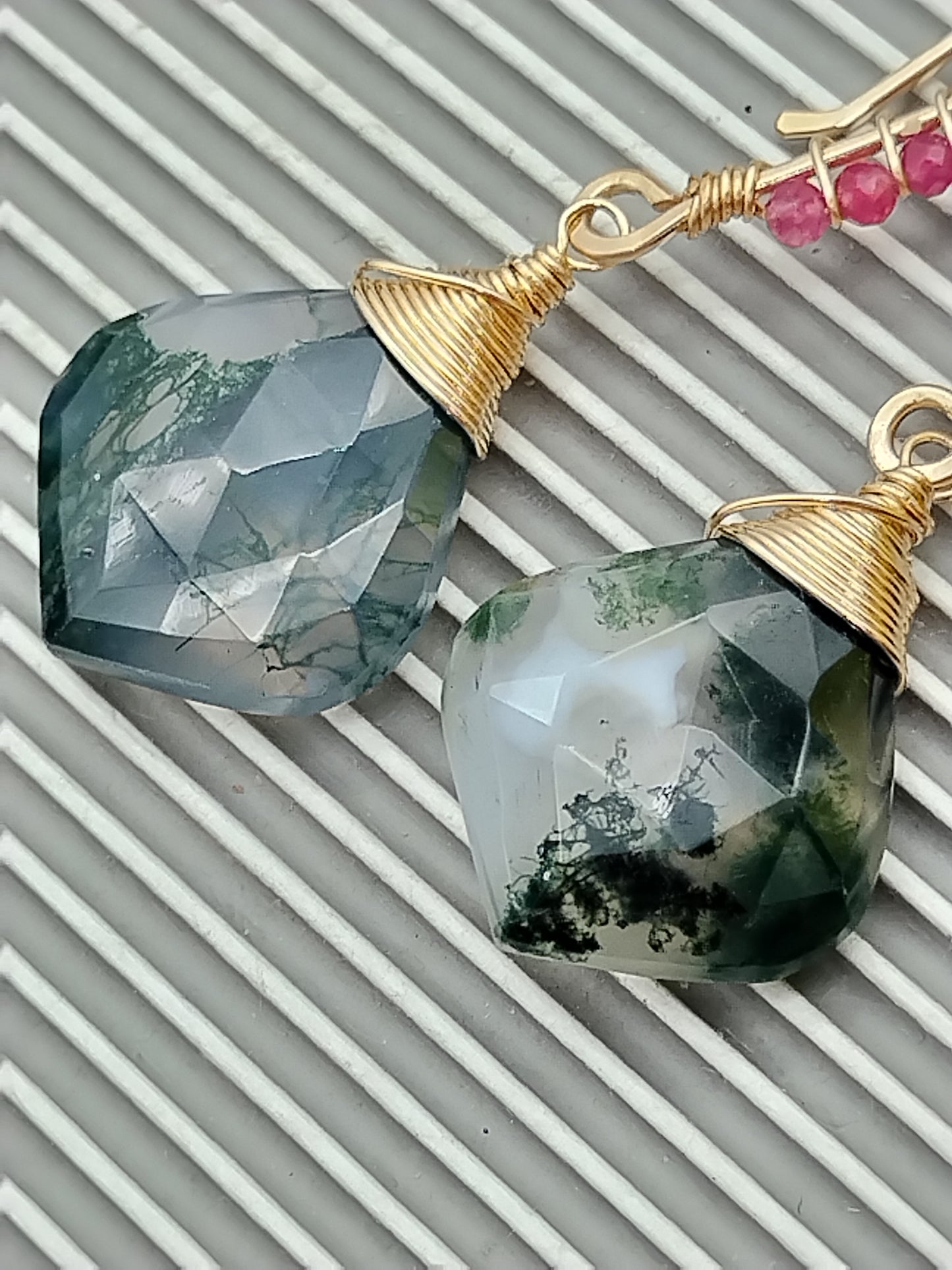 Ruby & Moss Agate Dangle Drop Earrings, 14k Gold Filled Gemstone Earrings