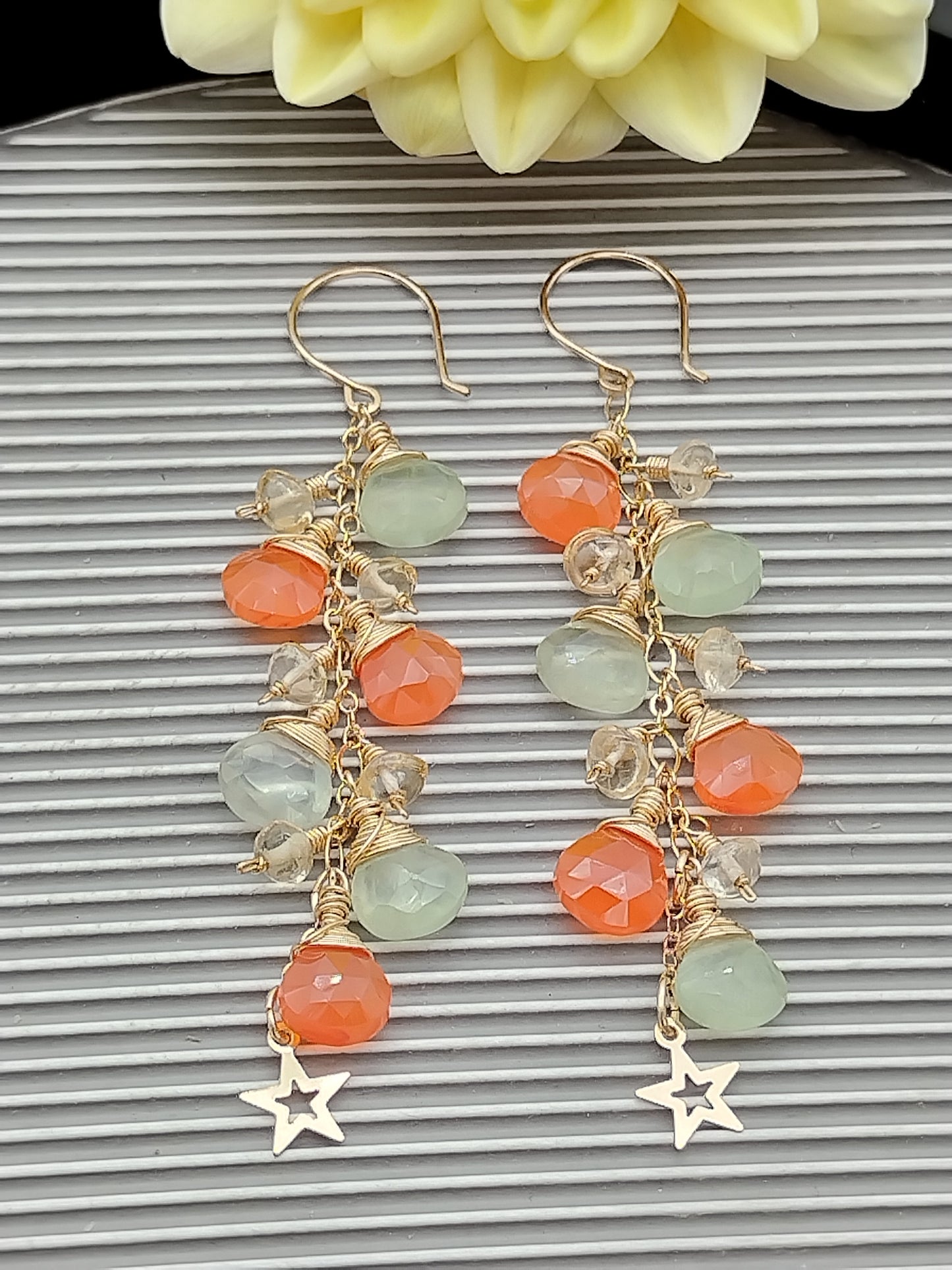 Long Cascade Dangle Carnelian, Prehnite & Citrine  Drop Earrings, 14k Gold Filled Star Earrings