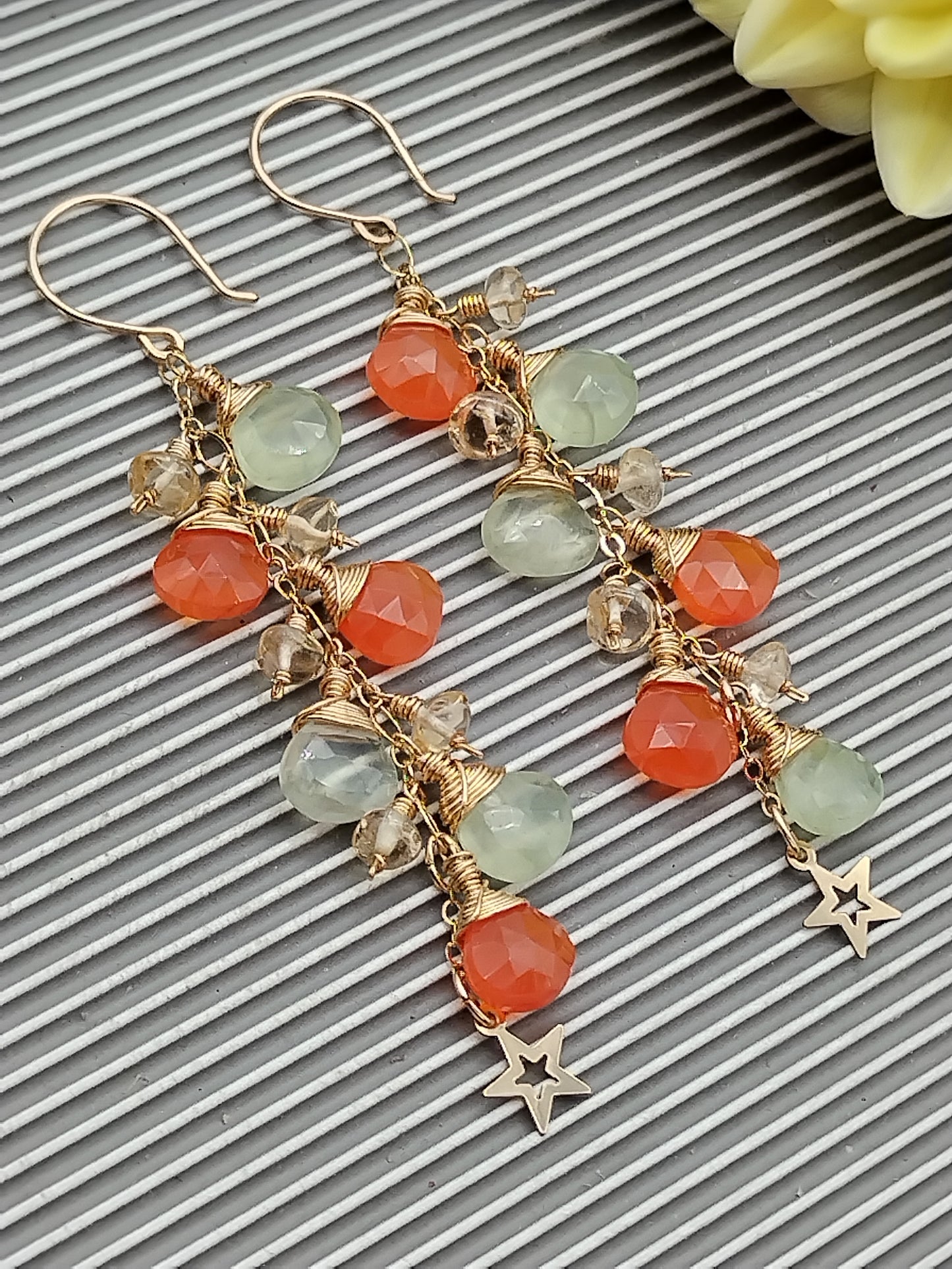 Long Cascade Dangle Carnelian, Prehnite & Citrine  Drop Earrings, 14k Gold Filled Star Earrings