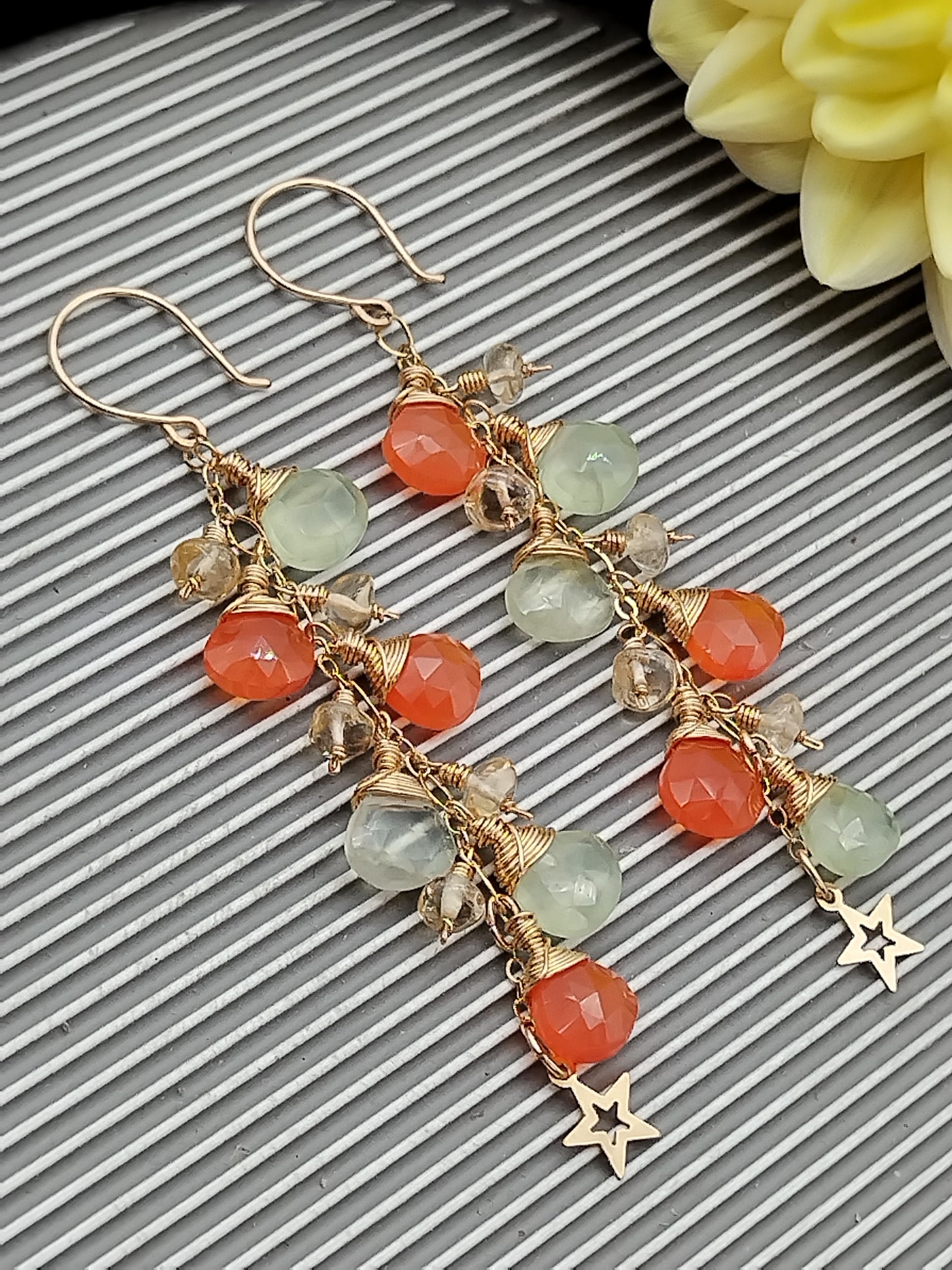 Long Cascade Dangle Carnelian, Prehnite & Citrine  Drop Earrings, 14k Gold Filled Star Earrings