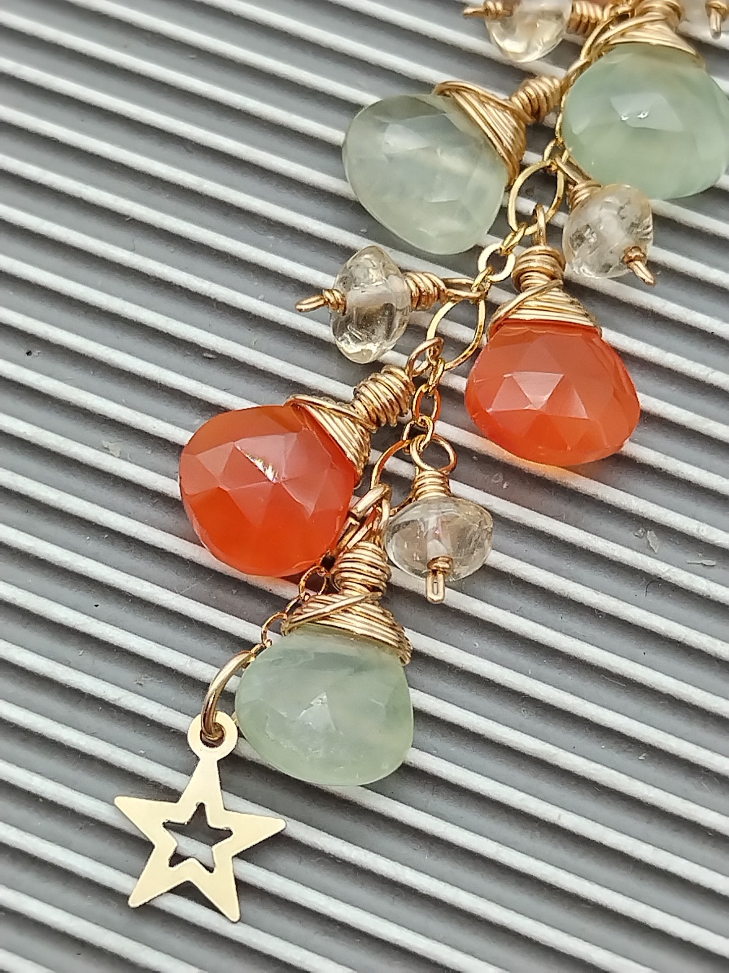 Long Cascade Dangle Carnelian, Prehnite & Citrine  Drop Earrings, 14k Gold Filled Star Earrings