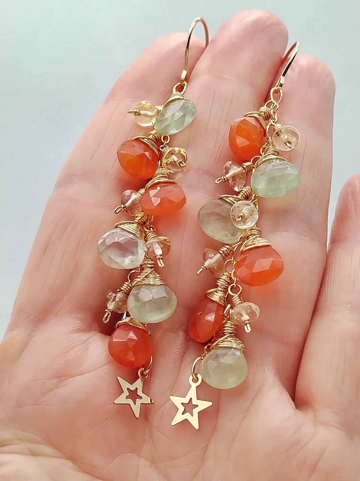 Long Cascade Dangle Carnelian, Prehnite & Citrine  Drop Earrings, 14k Gold Filled Star Earrings