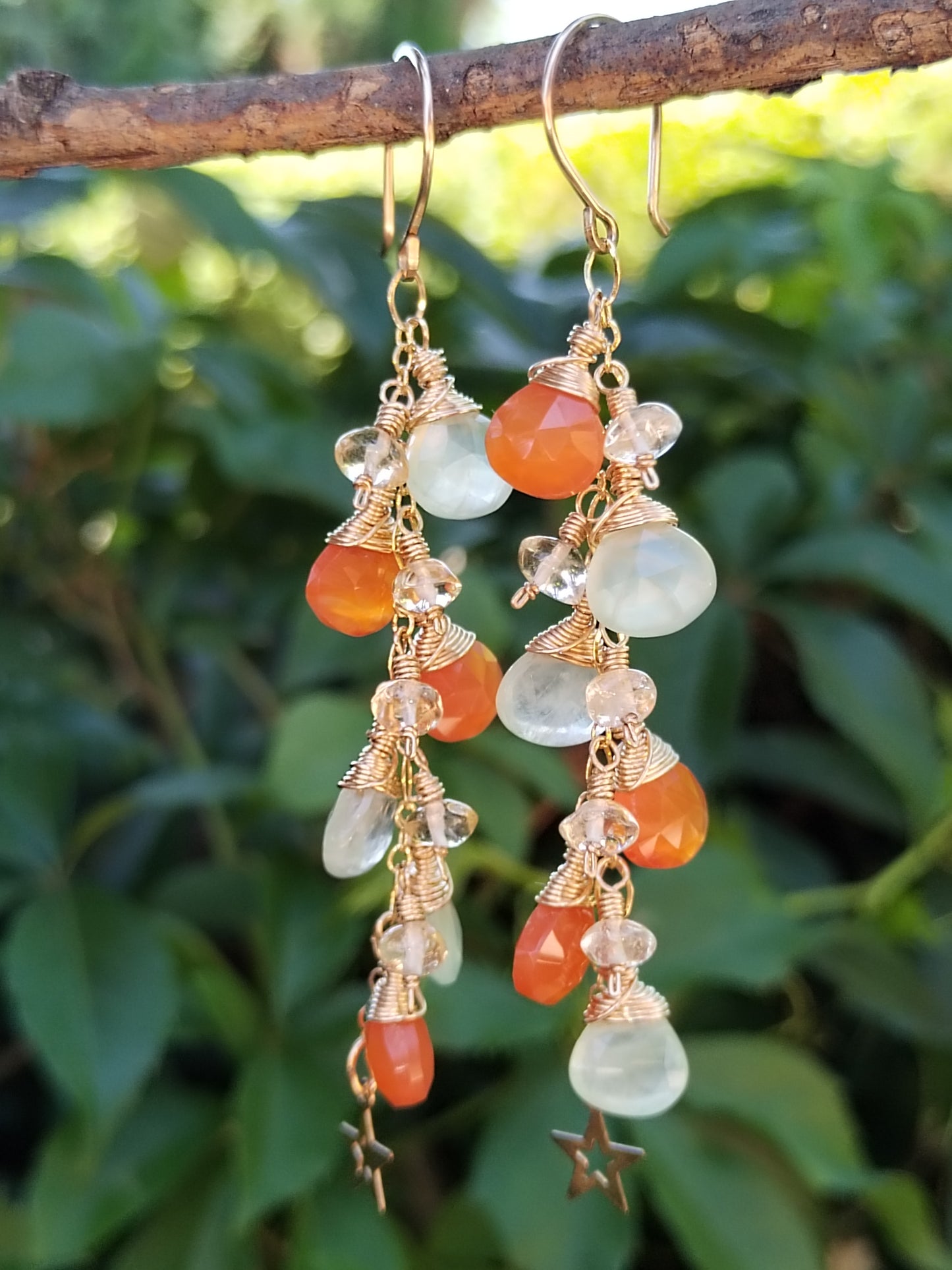 Long Cascade Dangle Carnelian, Prehnite & Citrine  Drop Earrings, 14k Gold Filled Star Earrings