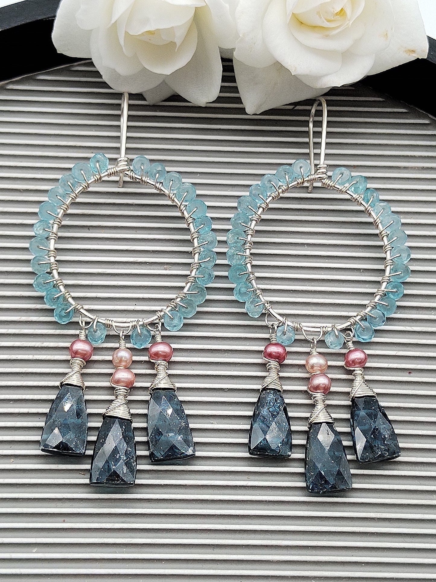 Gemstone Chandelier Hoop Earrings, Kyanite, Apatite & Pearls Sterling Silver Dangle Earrings