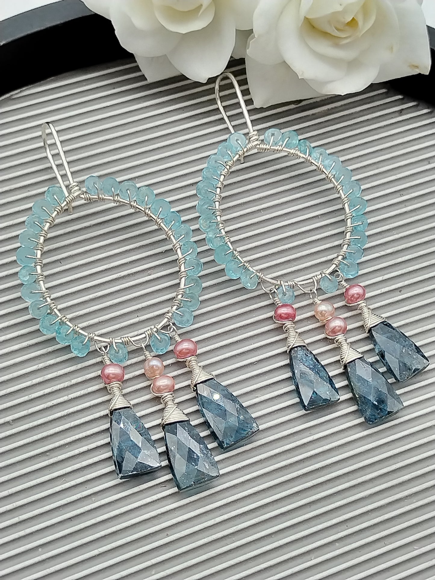 Gemstone Chandelier Hoop Earrings, Kyanite, Apatite & Pearls Sterling Silver Dangle Earrings