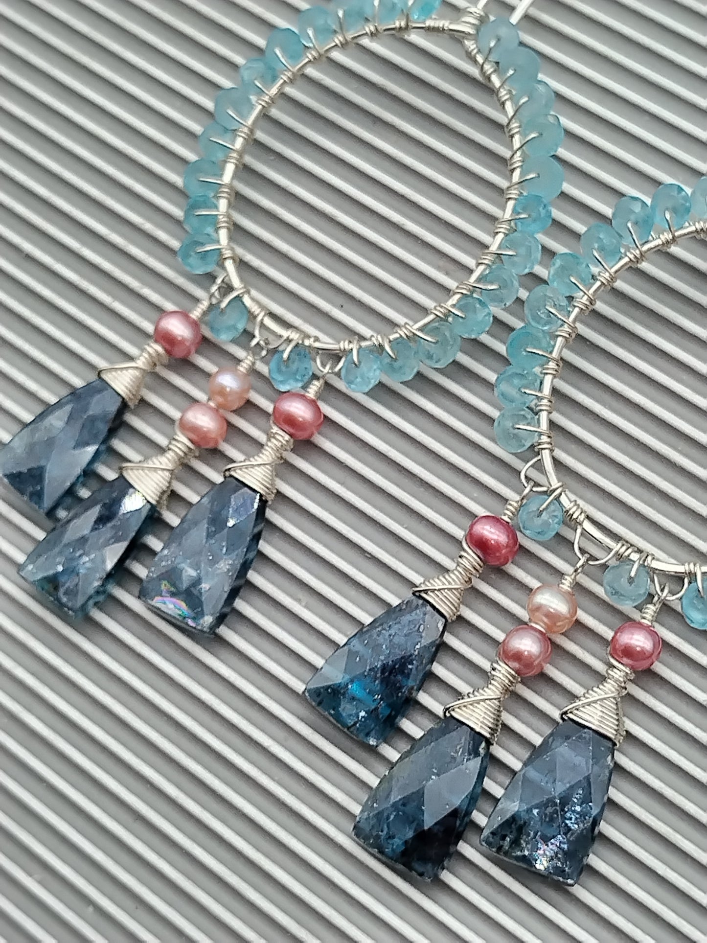 Gemstone Chandelier Hoop Earrings, Kyanite, Apatite & Pearls Sterling Silver Dangle Earrings