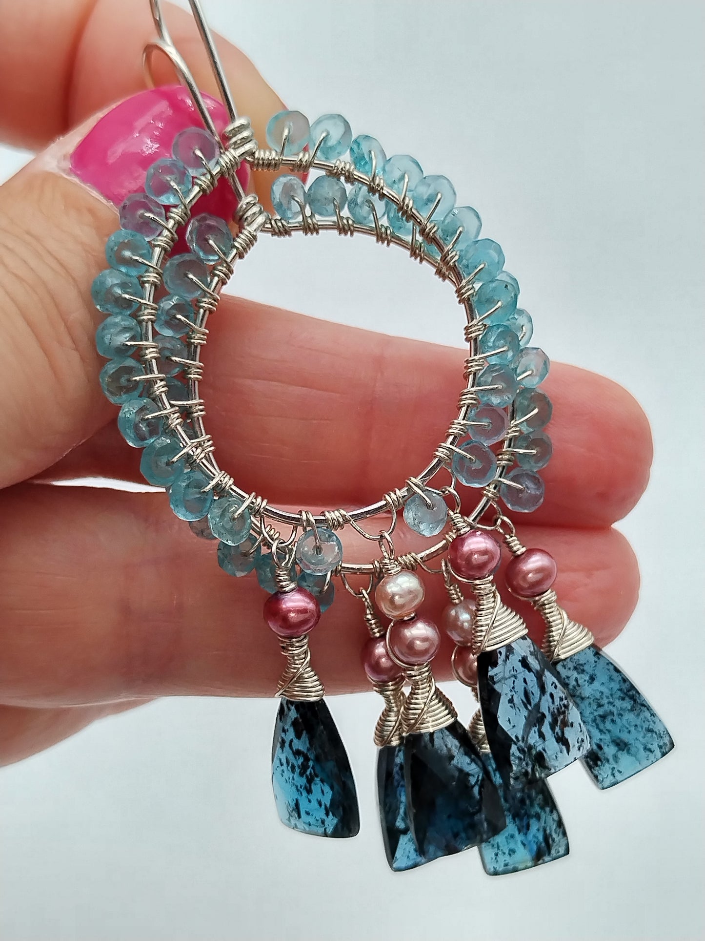 Gemstone Chandelier Hoop Earrings, Kyanite, Apatite & Pearls Sterling Silver Dangle Earrings