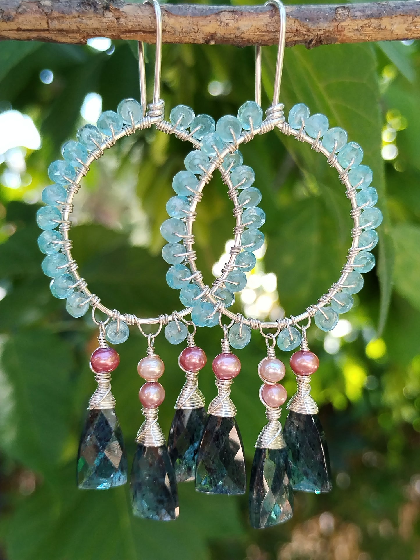 Gemstone Chandelier Hoop Earrings, Kyanite, Apatite & Pearls Sterling Silver Dangle Earrings