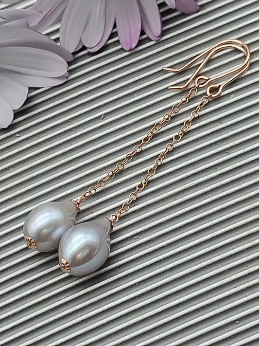 Grey Large Drop Pearl Dangle Earrings, 14k Rose Gold filled Chain Earrings