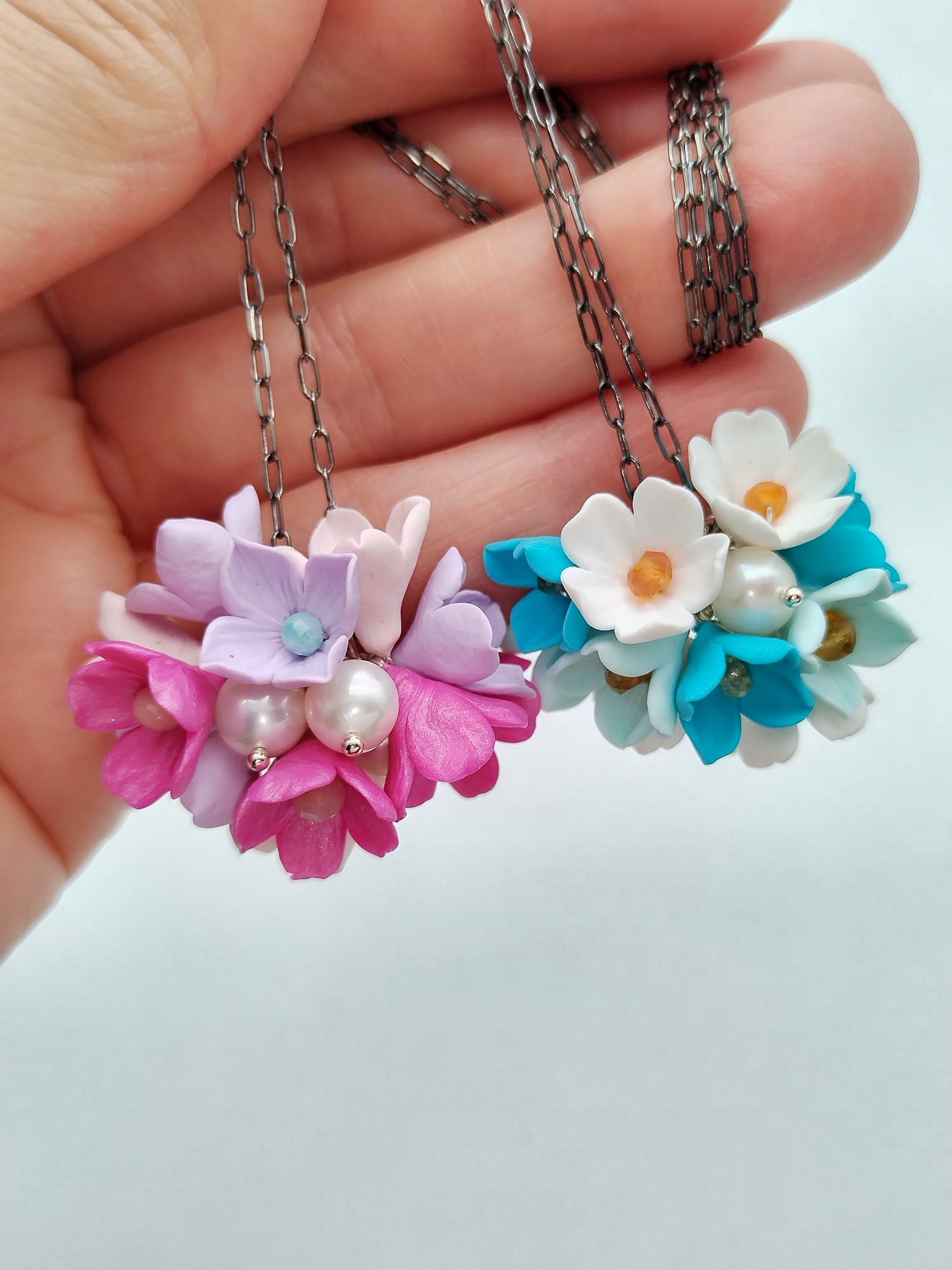 Blossom Cherry Pendant Necklace, Colorful  Flower Sterling Silver Choker