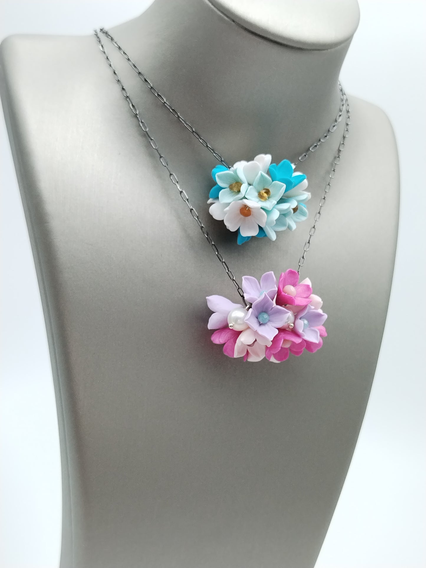 Blossom Cherry Pendant Necklace, Colorful  Flower Sterling Silver Choker