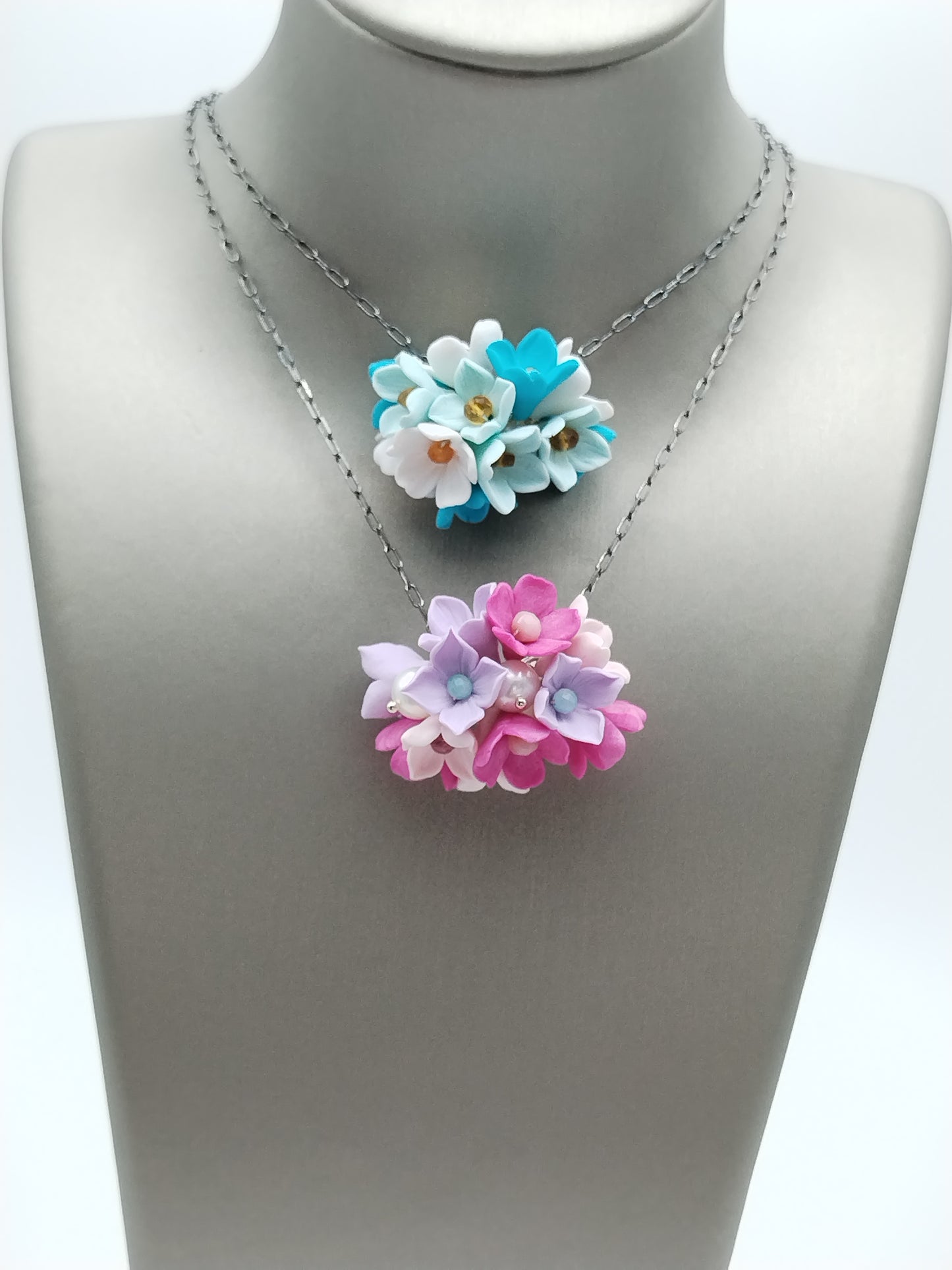 Blossom Cherry Pendant Necklace, Colorful  Flower Sterling Silver Choker