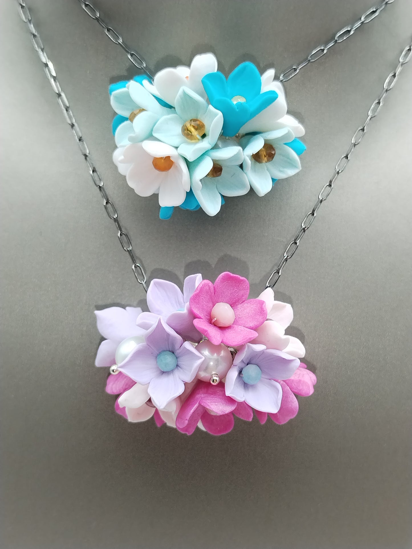 Blossom Cherry Pendant Necklace, Colorful  Flower Sterling Silver Choker