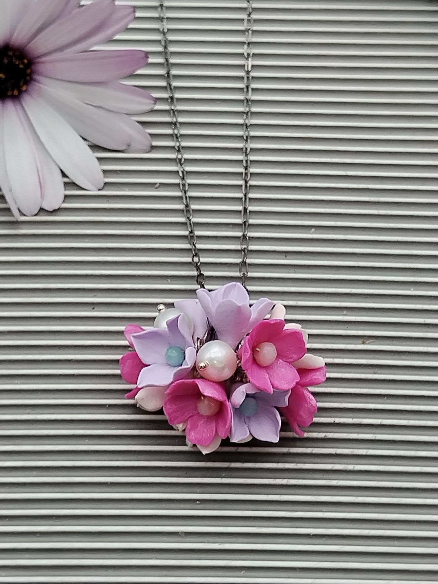 Blossom Cherry Pendant Necklace, Colorful  Flower Sterling Silver Choker