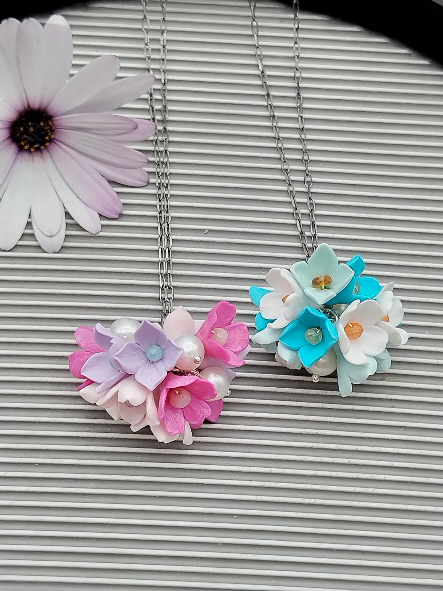 Blossom Cherry Pendant Necklace, Colorful  Flower Sterling Silver Choker