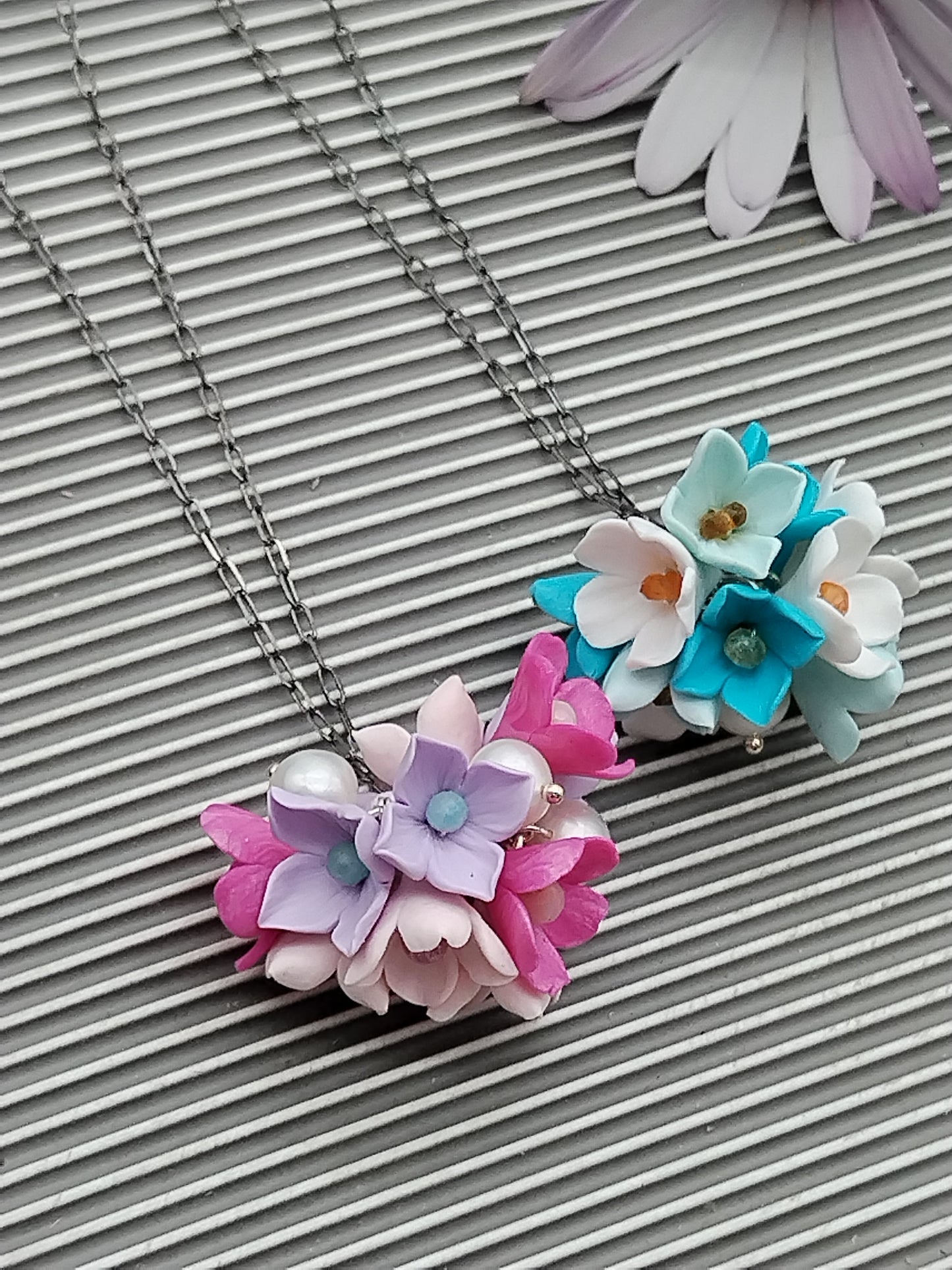 Blossom Cherry Pendant Necklace, Colorful  Flower Sterling Silver Choker