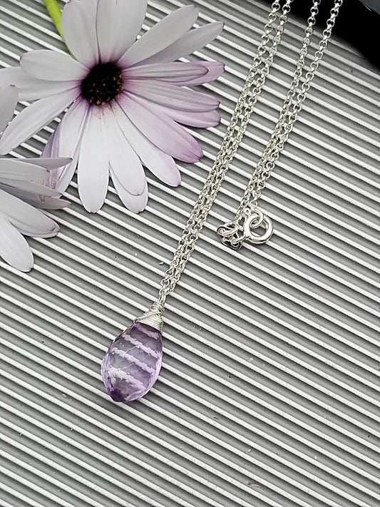 Minimalist Lavender Amethyst Drop Pendant Necklace, Gemstone Dew Sterling Silver Choker