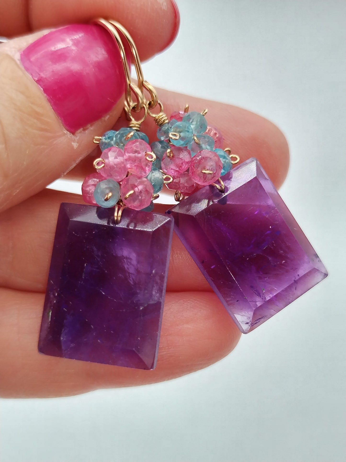 Rainbow Moonstone & Amethyst Large Rectangle Dangle Earrings