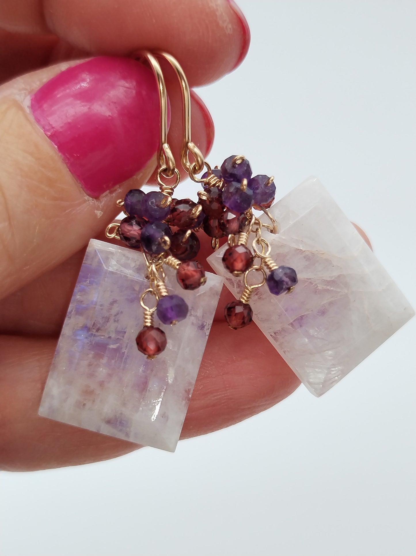 Rainbow Moonstone & Amethyst Large Rectangle Dangle Earrings