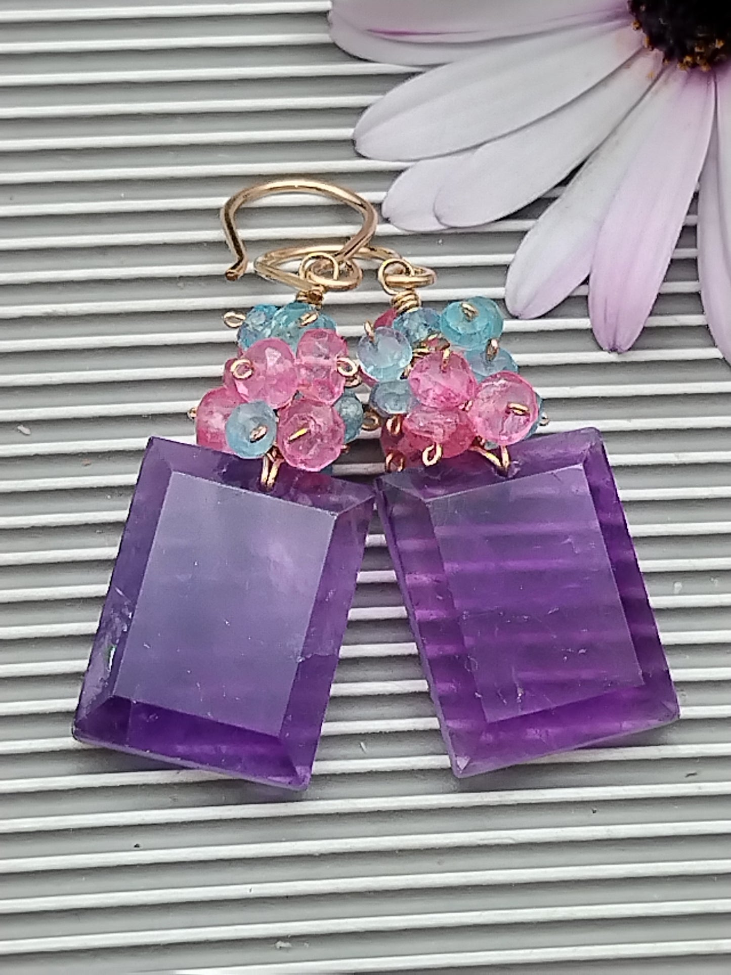 Rainbow Moonstone & Amethyst Large Rectangle Dangle Earrings