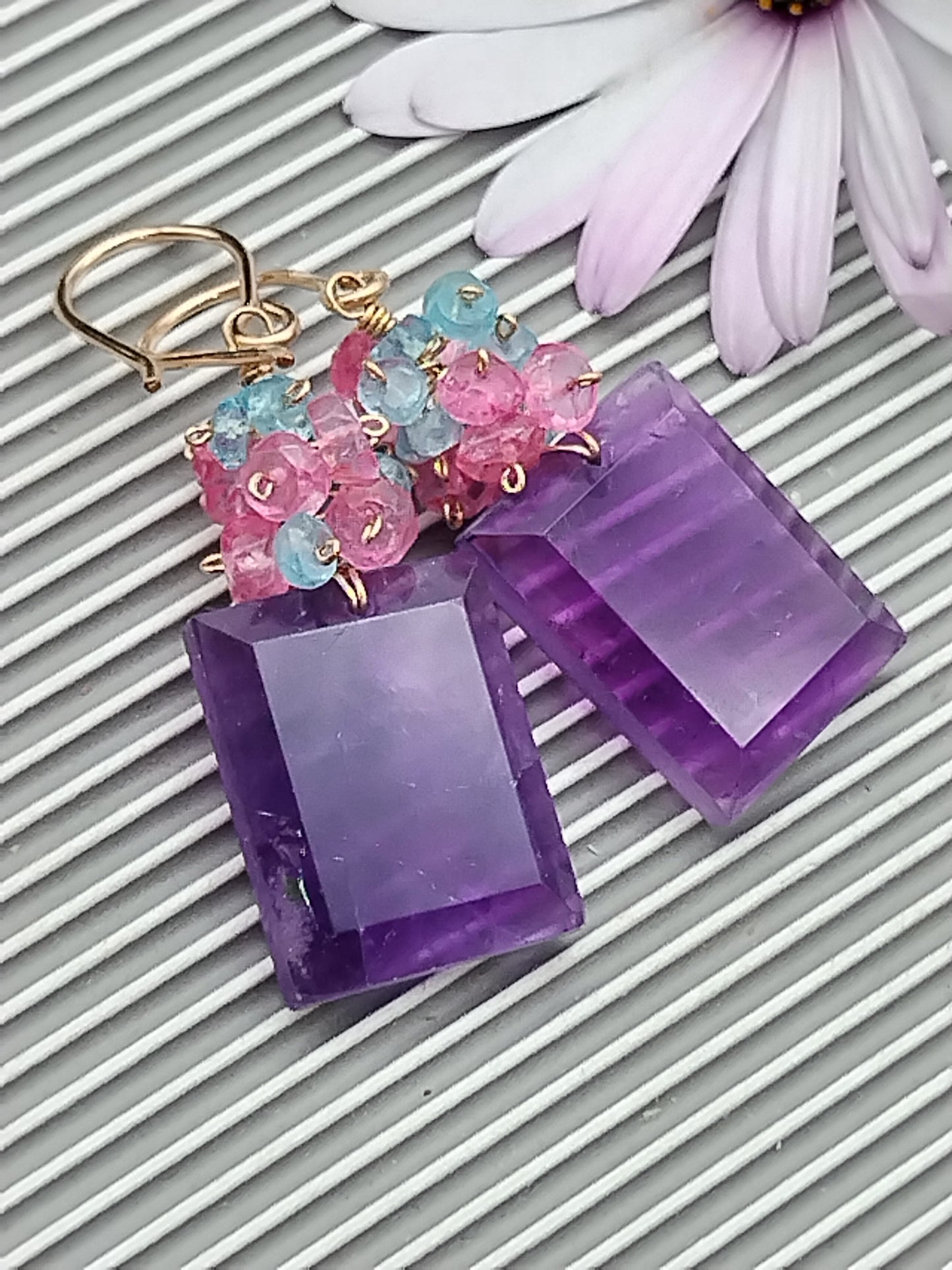 Rainbow Moonstone & Amethyst Large Rectangle Dangle Earrings