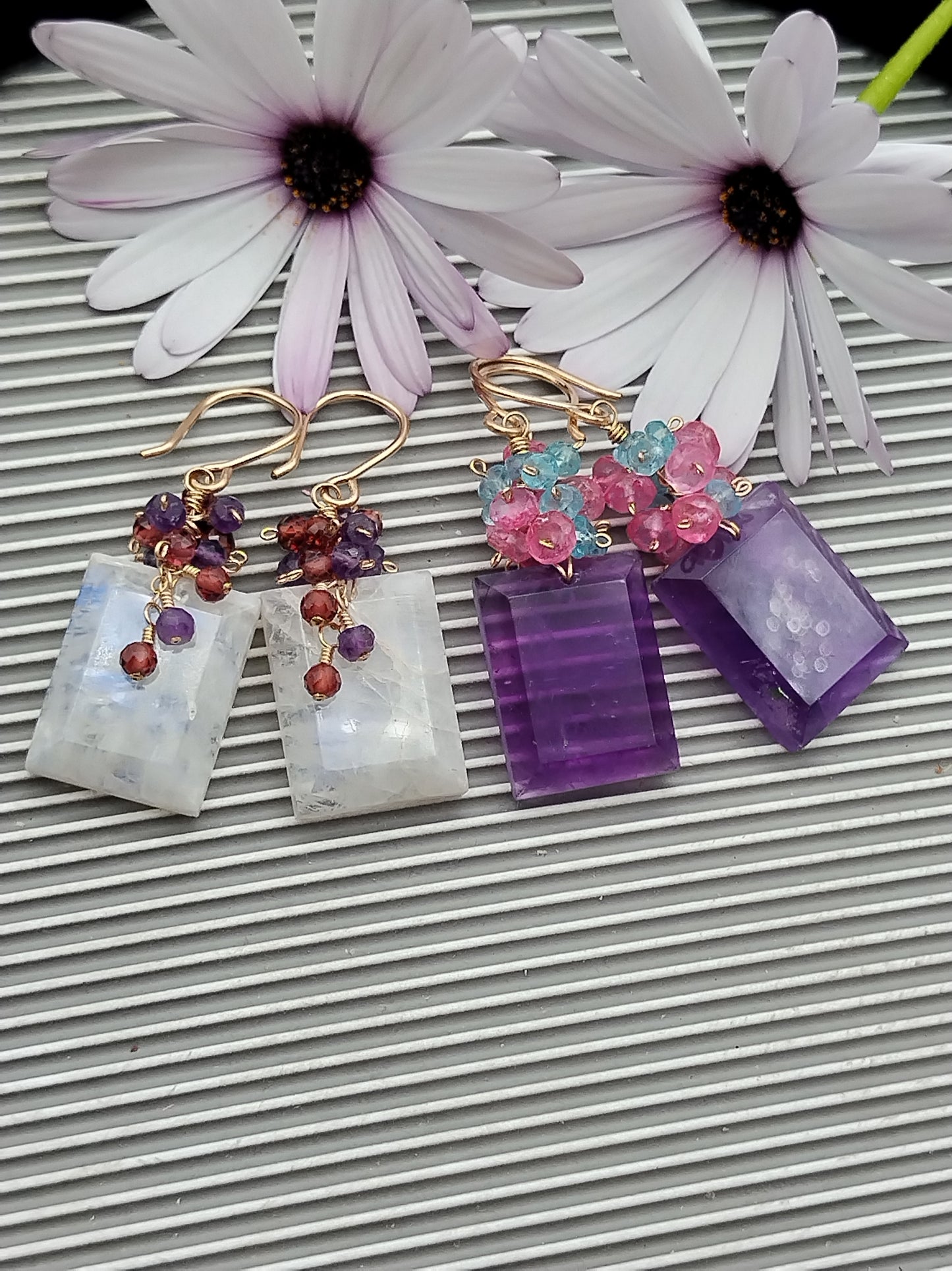 Rainbow Moonstone & Amethyst Large Rectangle Dangle Earrings