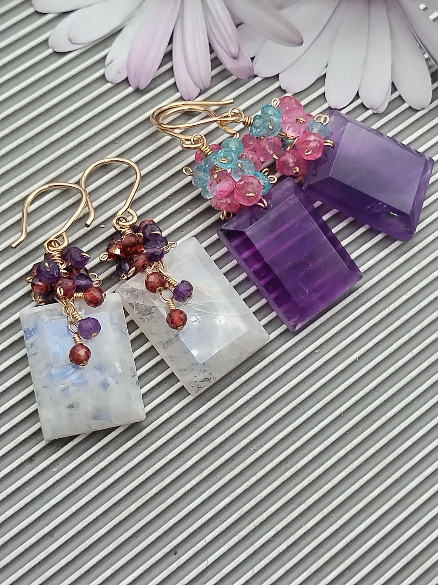 Rainbow Moonstone & Amethyst Large Rectangle Dangle Earrings