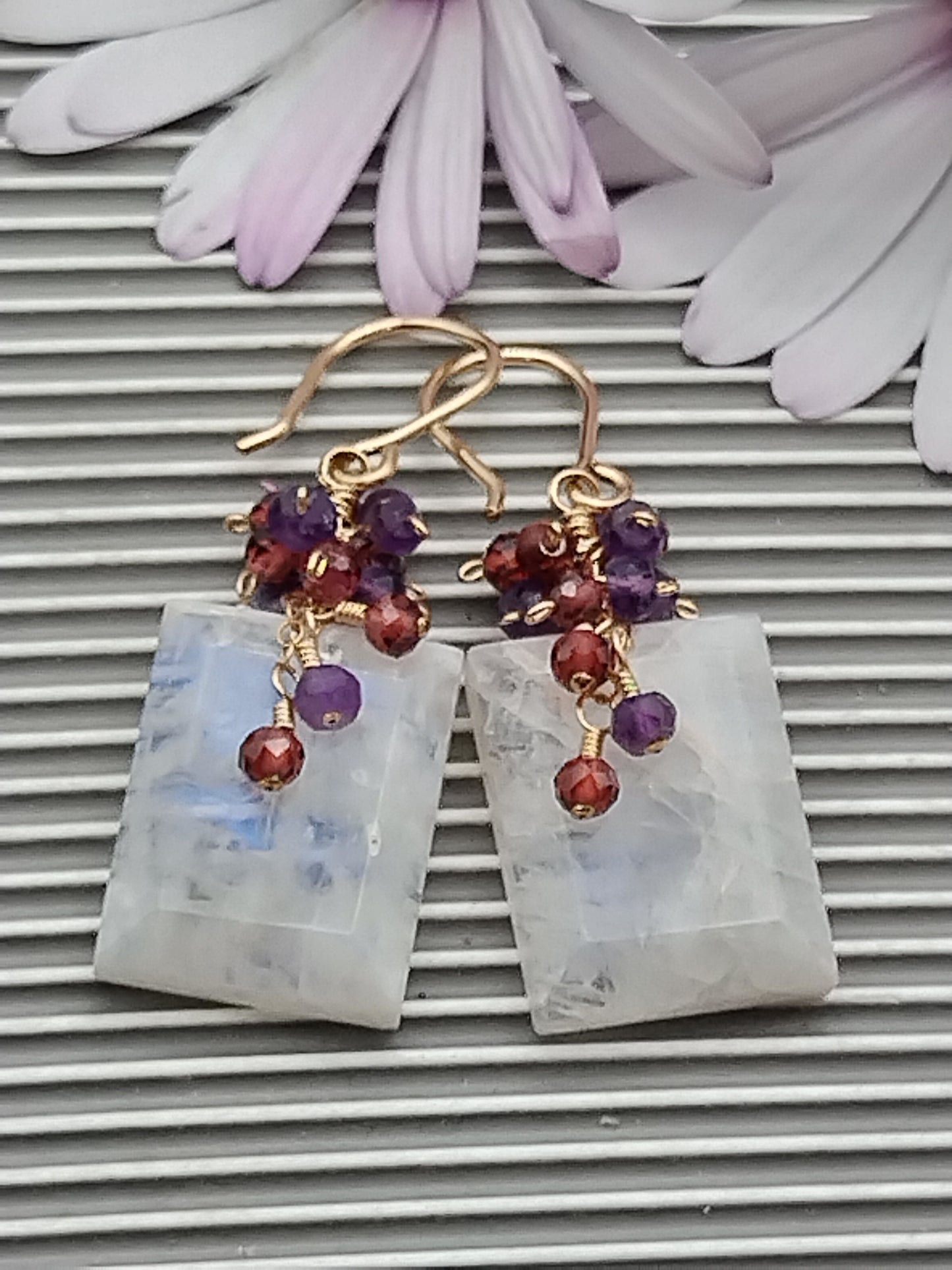 Rainbow Moonstone & Amethyst Large Rectangle Dangle Earrings