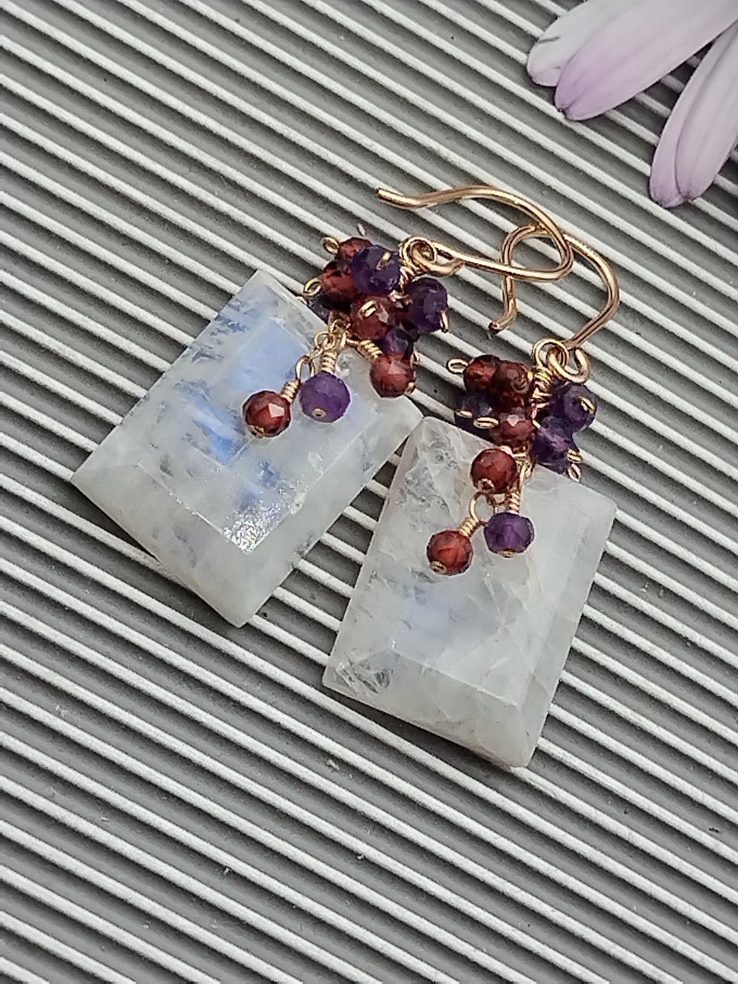 Rainbow Moonstone & Amethyst Large Rectangle Dangle Earrings