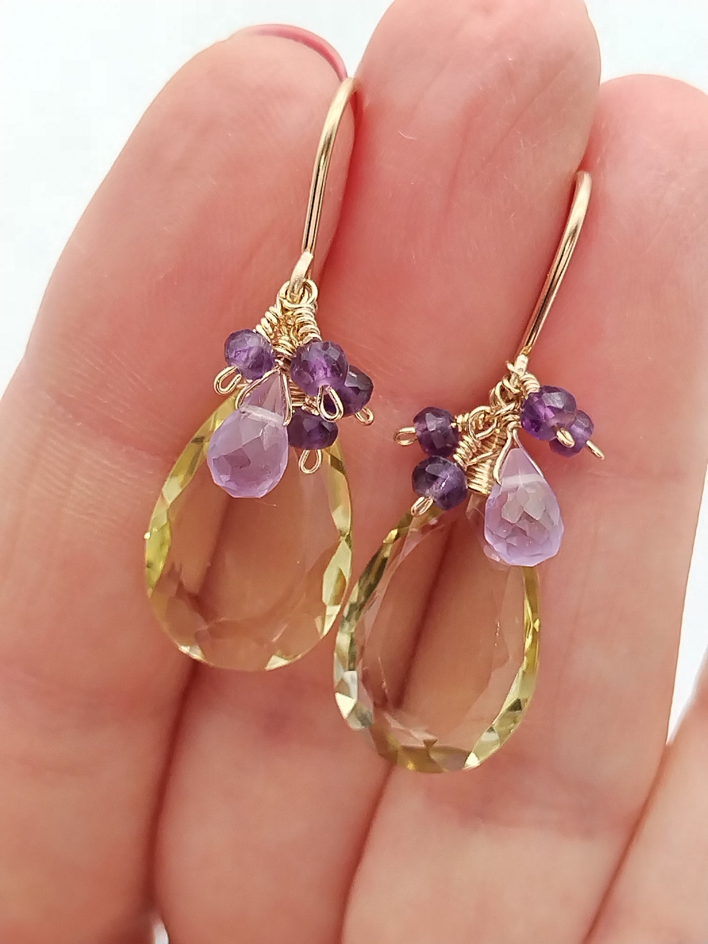 Lemon Quartz and Amethyst Dangle Earrings, 14k Gold Filled Earrings