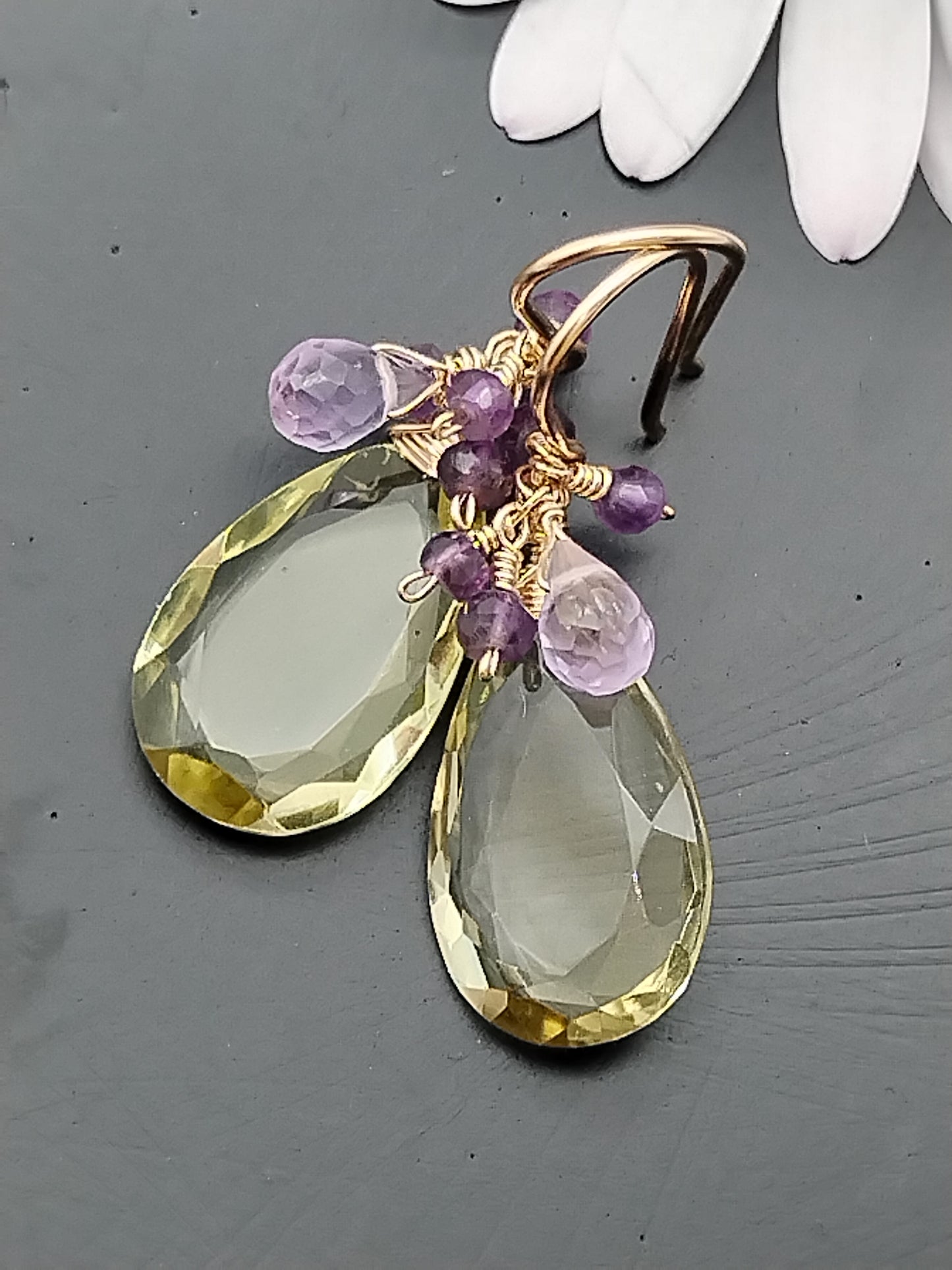 Lemon Quartz and Amethyst Dangle Earrings, 14k Gold Filled Earrings