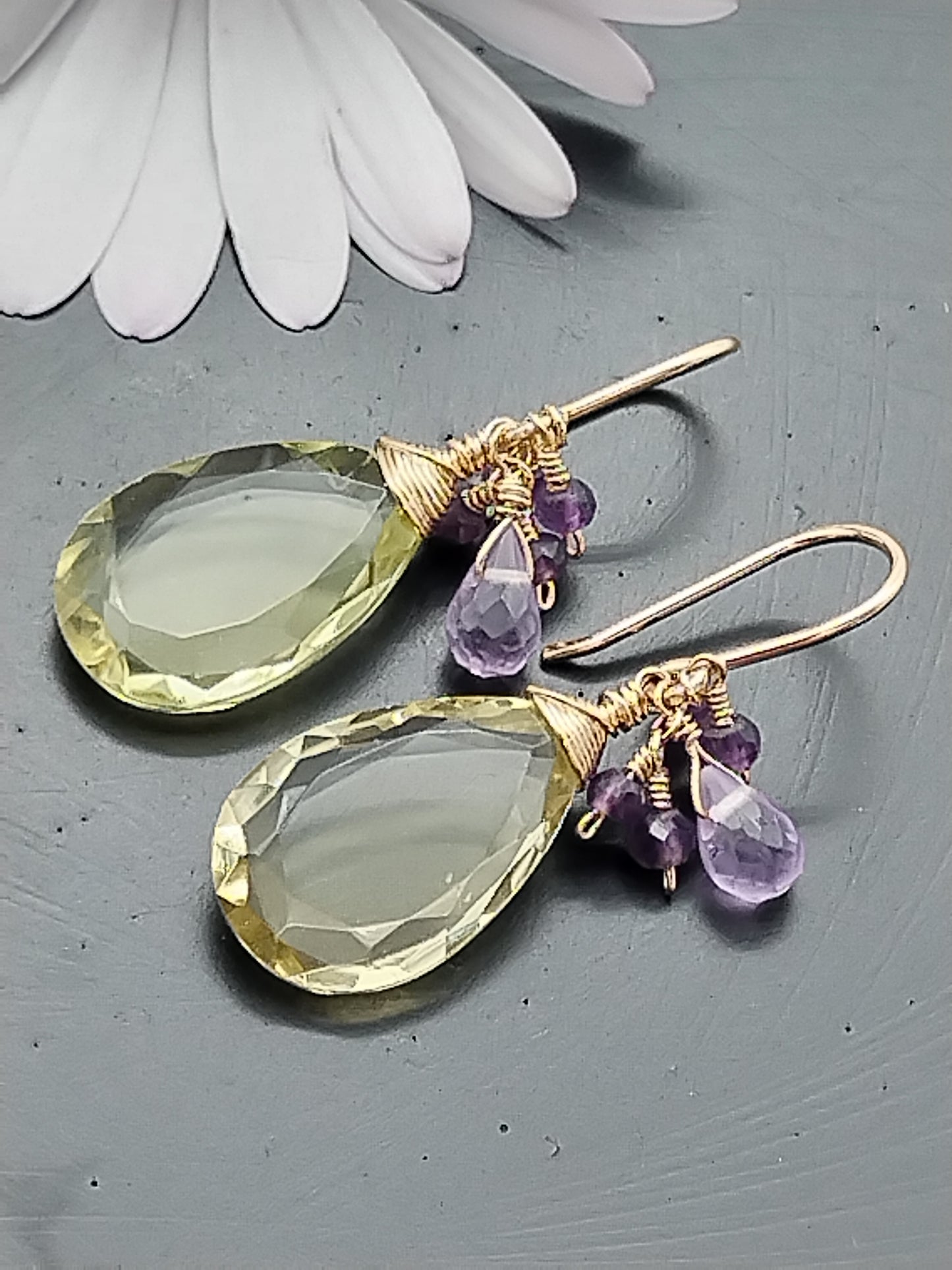 Lemon Quartz and Amethyst Dangle Earrings, 14k Gold Filled Earrings