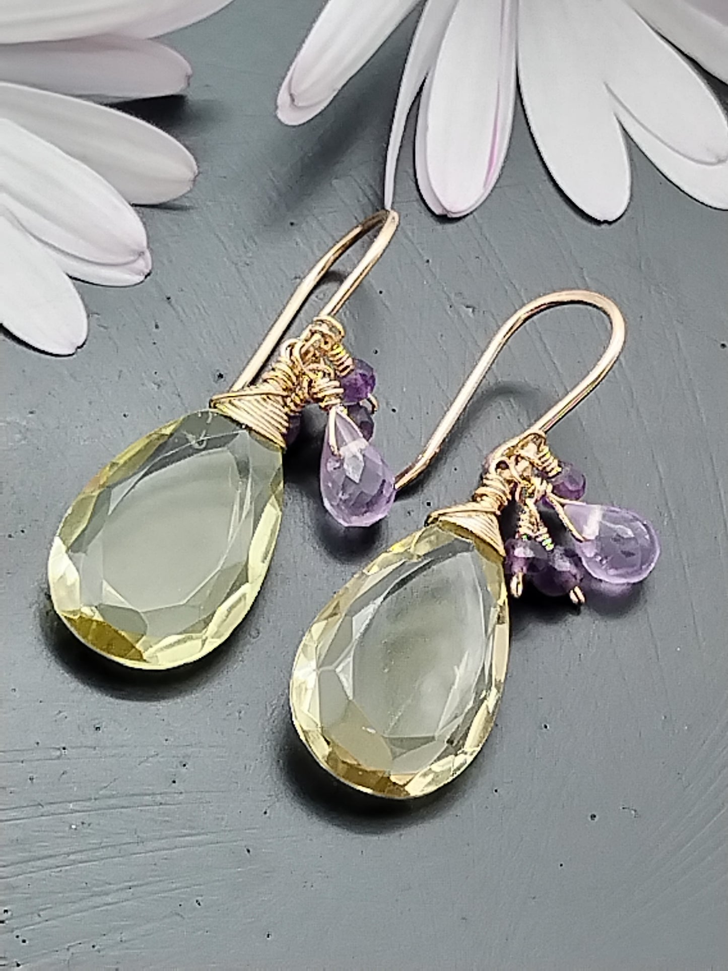 Lemon Quartz and Amethyst Dangle Earrings, 14k Gold Filled Earrings