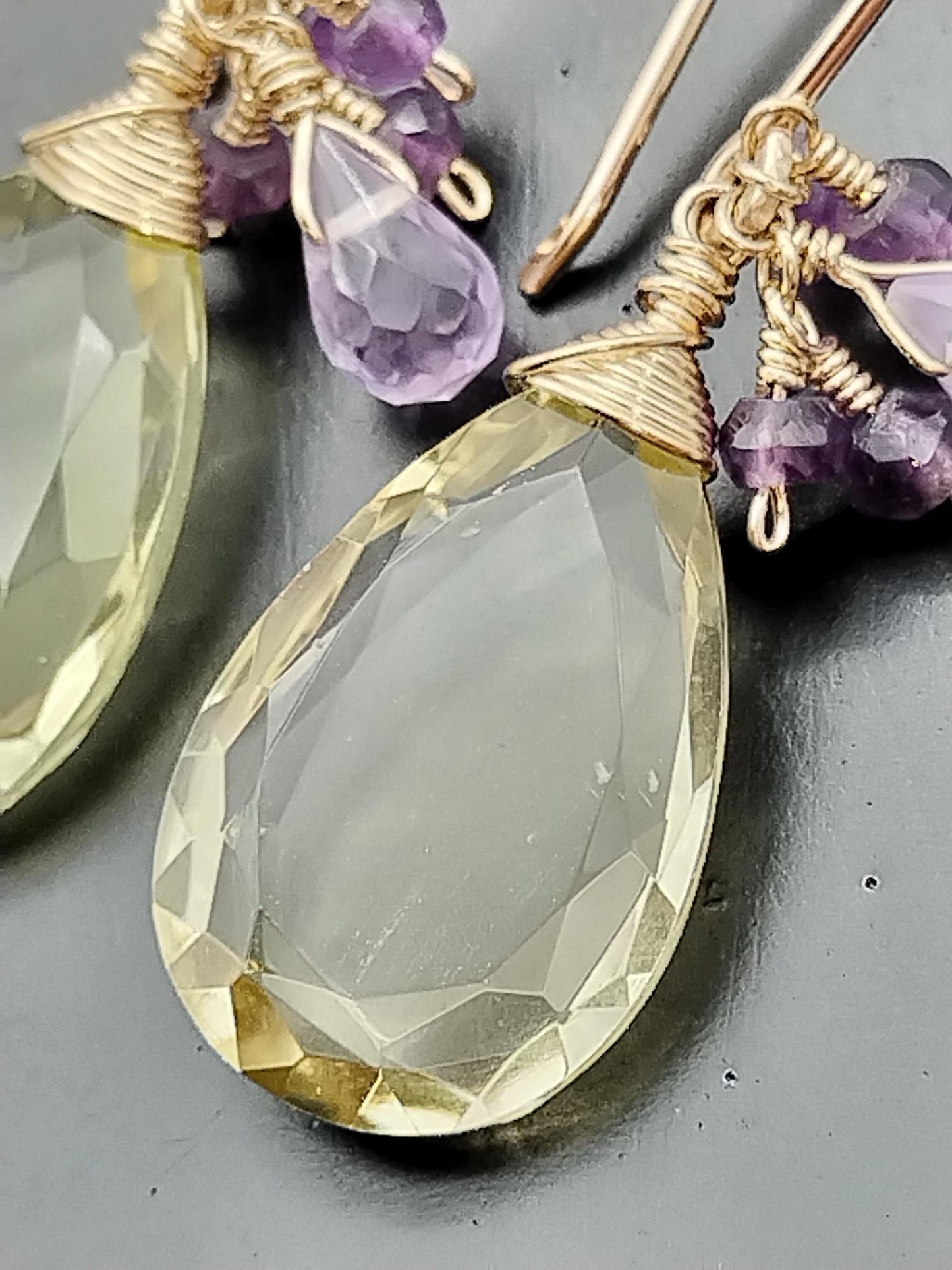 Lemon Quartz and Amethyst Dangle Earrings, 14k Gold Filled Earrings