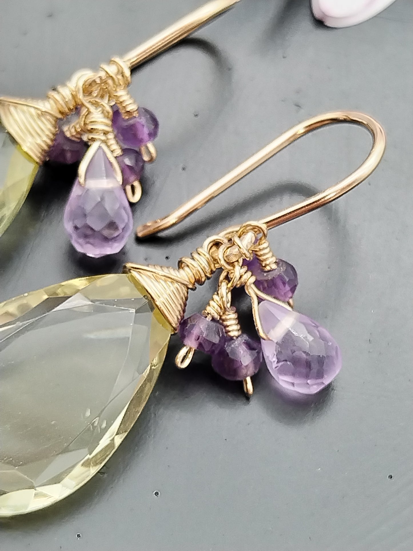 Lemon Quartz and Amethyst Dangle Earrings, 14k Gold Filled Earrings