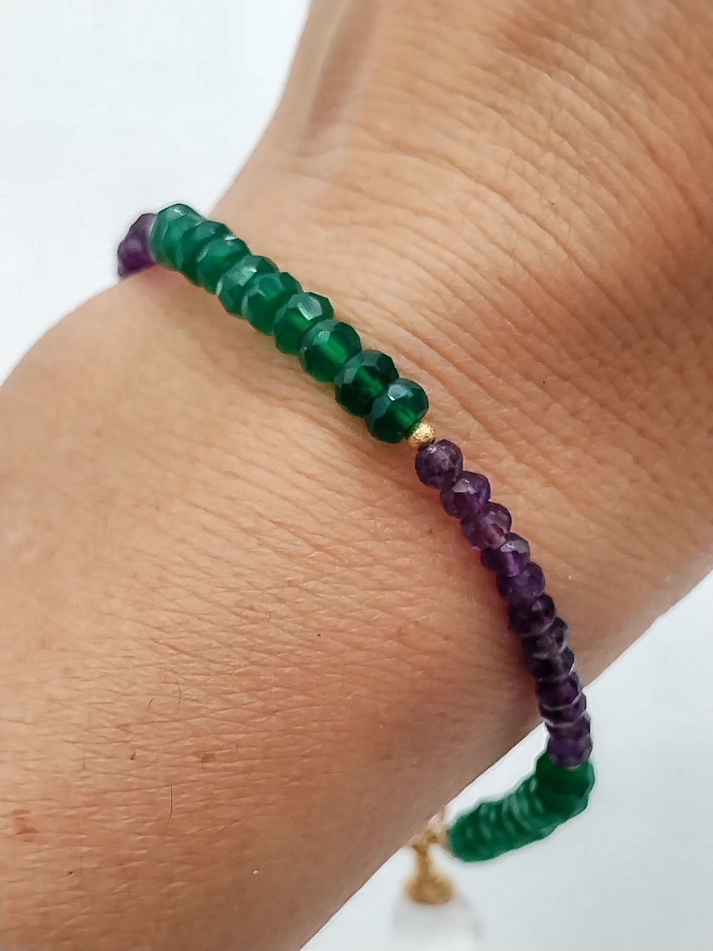 Pulsera de amatista y ónix verde con rondelle, pulsera con piedras preciosas rellenas de oro de 14 k