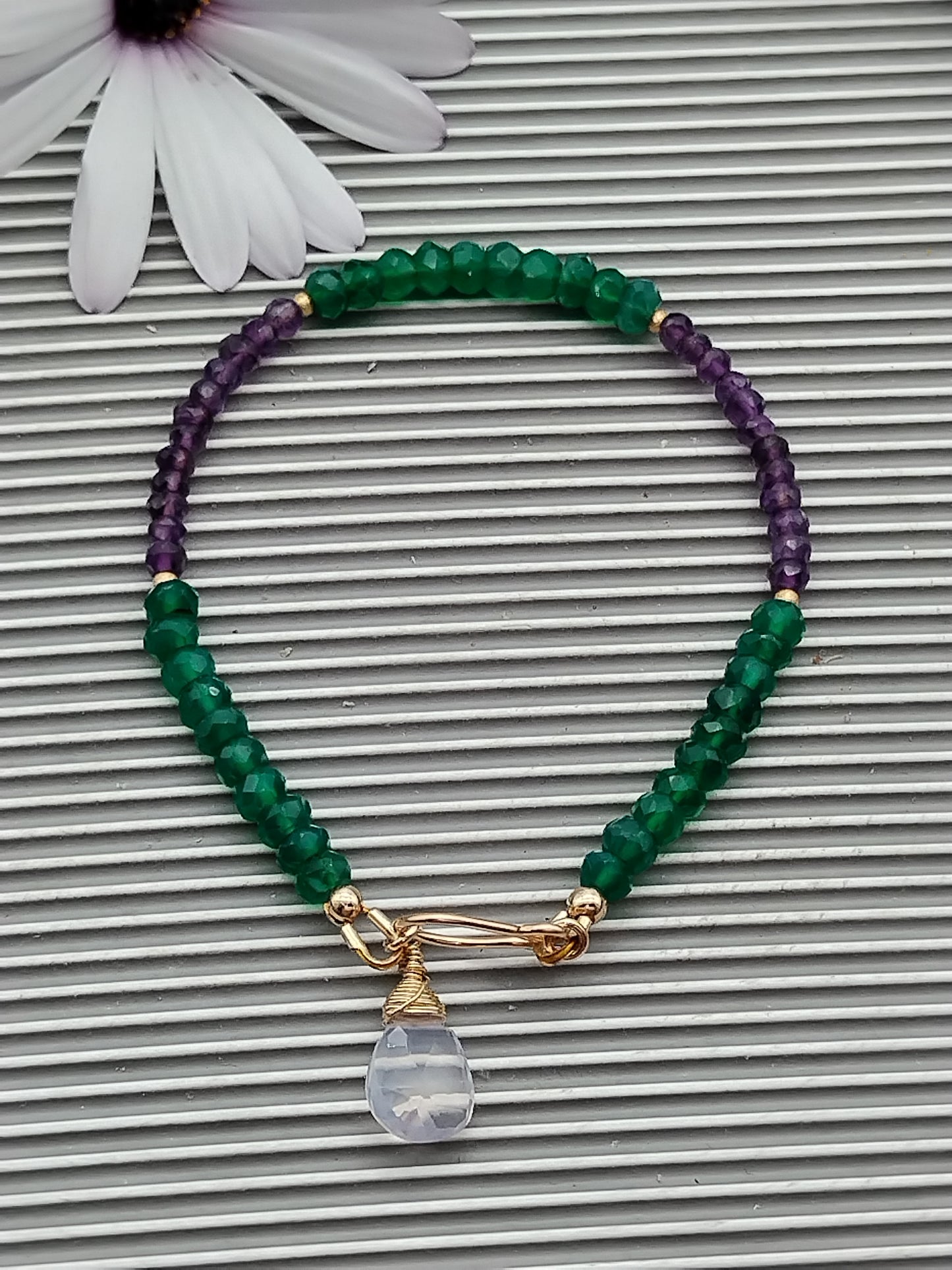 Pulsera de amatista y ónix verde con rondelle, pulsera con piedras preciosas rellenas de oro de 14 k