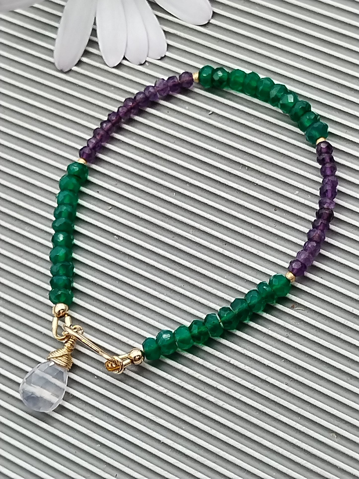 Green Onyx & Amethyst Rondelle Bracelet, Gemstone 14k Gold Filled Bracelet